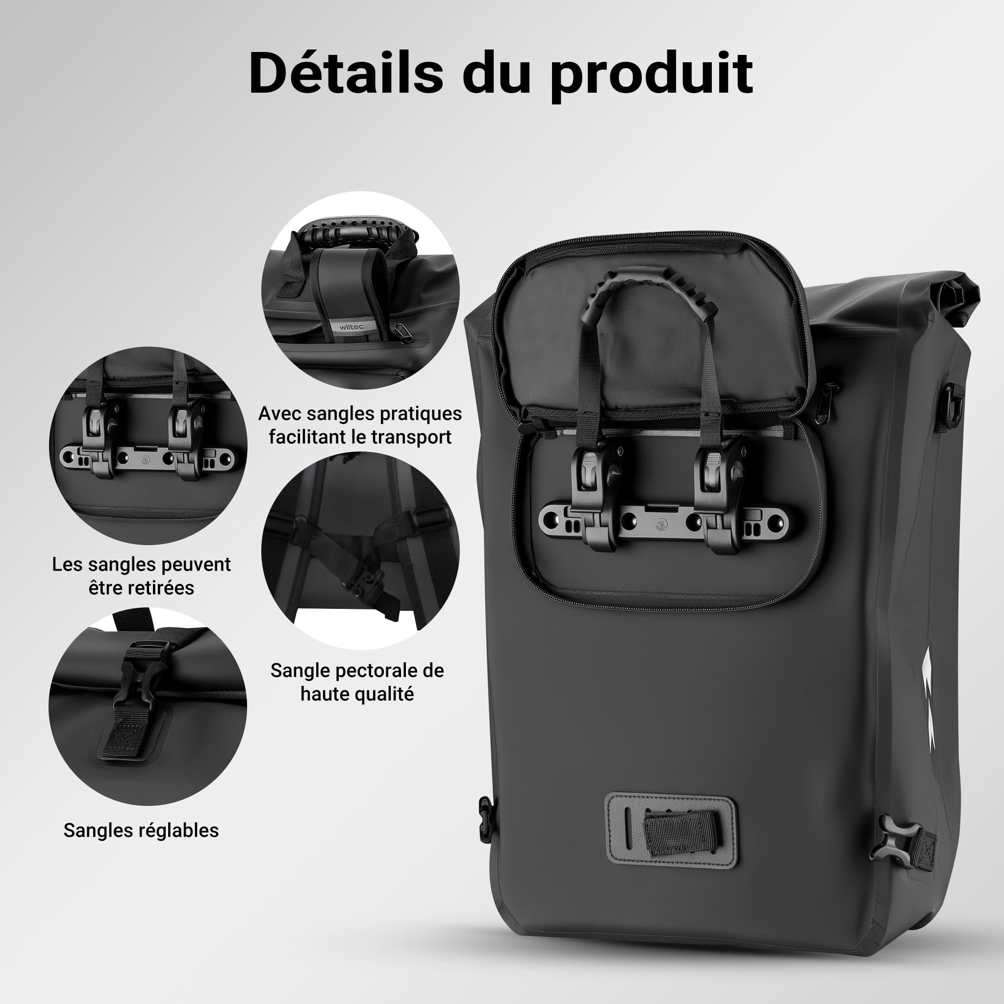 Wiltec Sacoche sac à dos étanche pour porte-bagages noire – capacité de 25 L – en 500D PVC – avec compartiment pour ordinateur portable – pour vélos et vélos électriques – Sac de bicyclette – Cyclisme