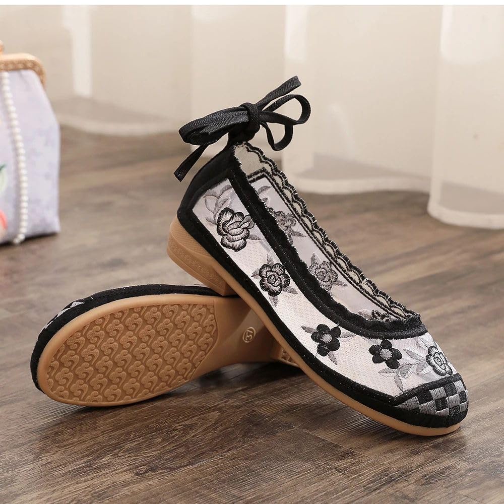 JYHBHMZG Vintage Bestickte Damen Gaze Mesh Knöchelriemen Ballettflats Schwarz Sommer Bequeme Kühle Gehschuhe