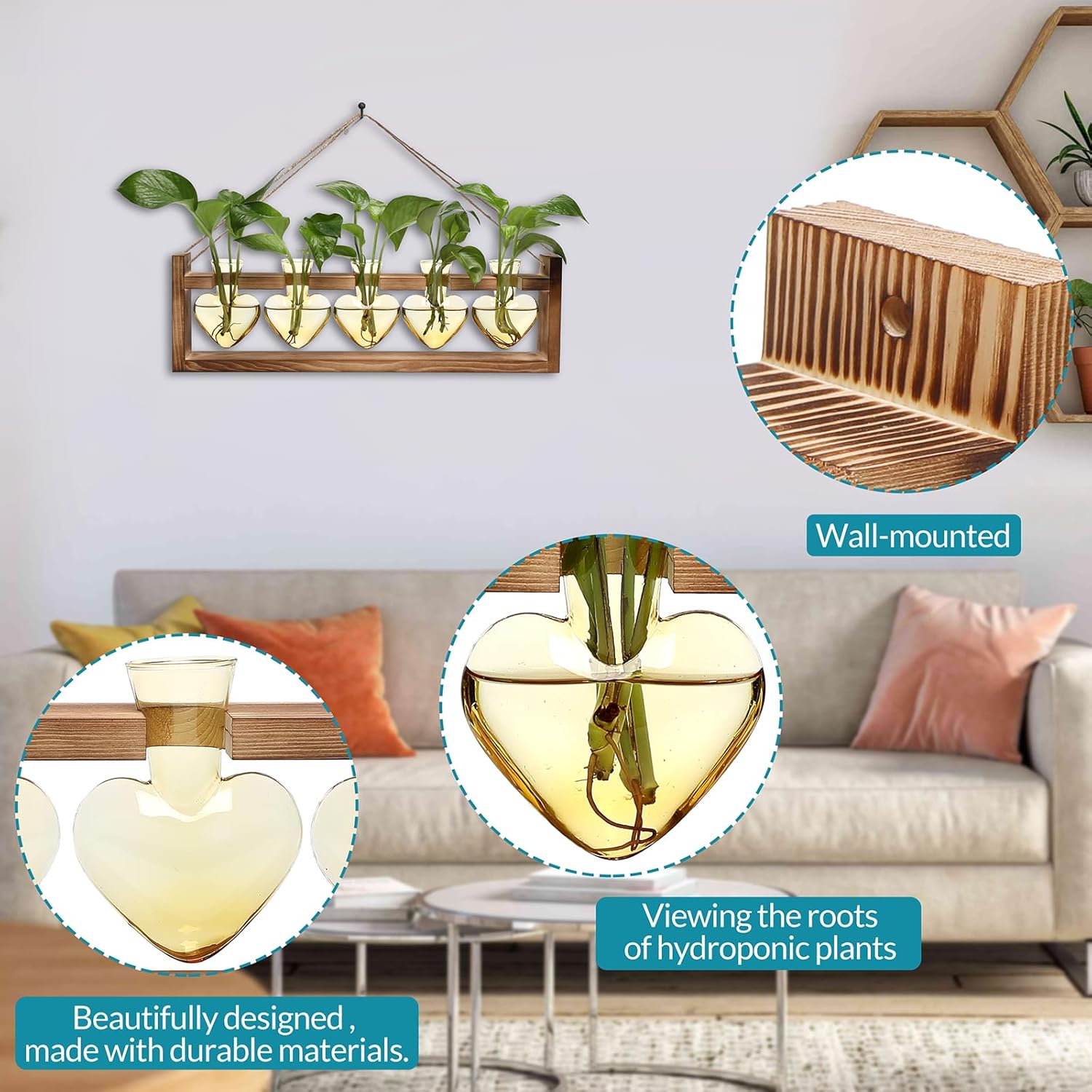 Plant Terrarium Hanging Propagation Stations Gift for Women Air Plants Holder with Wooden Stand Heart Glass - Image 4