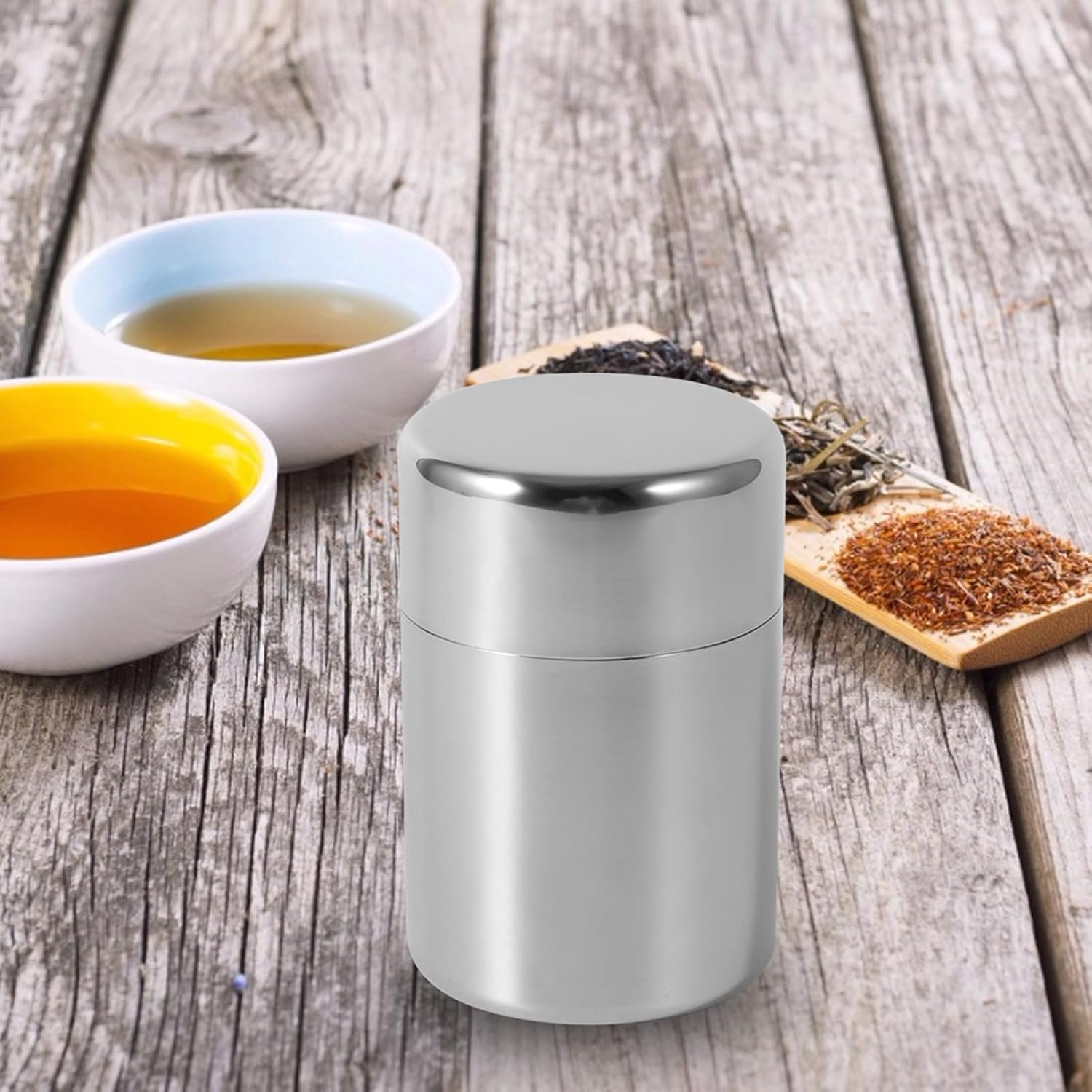 Horoper Stainless Steel Tea Tin Canister with Airtight Double Lids, Round Kitchen Metal Tea Tin Canisters, Portable Tea Storage Container for Loose Tea and Tea Bags (s)
