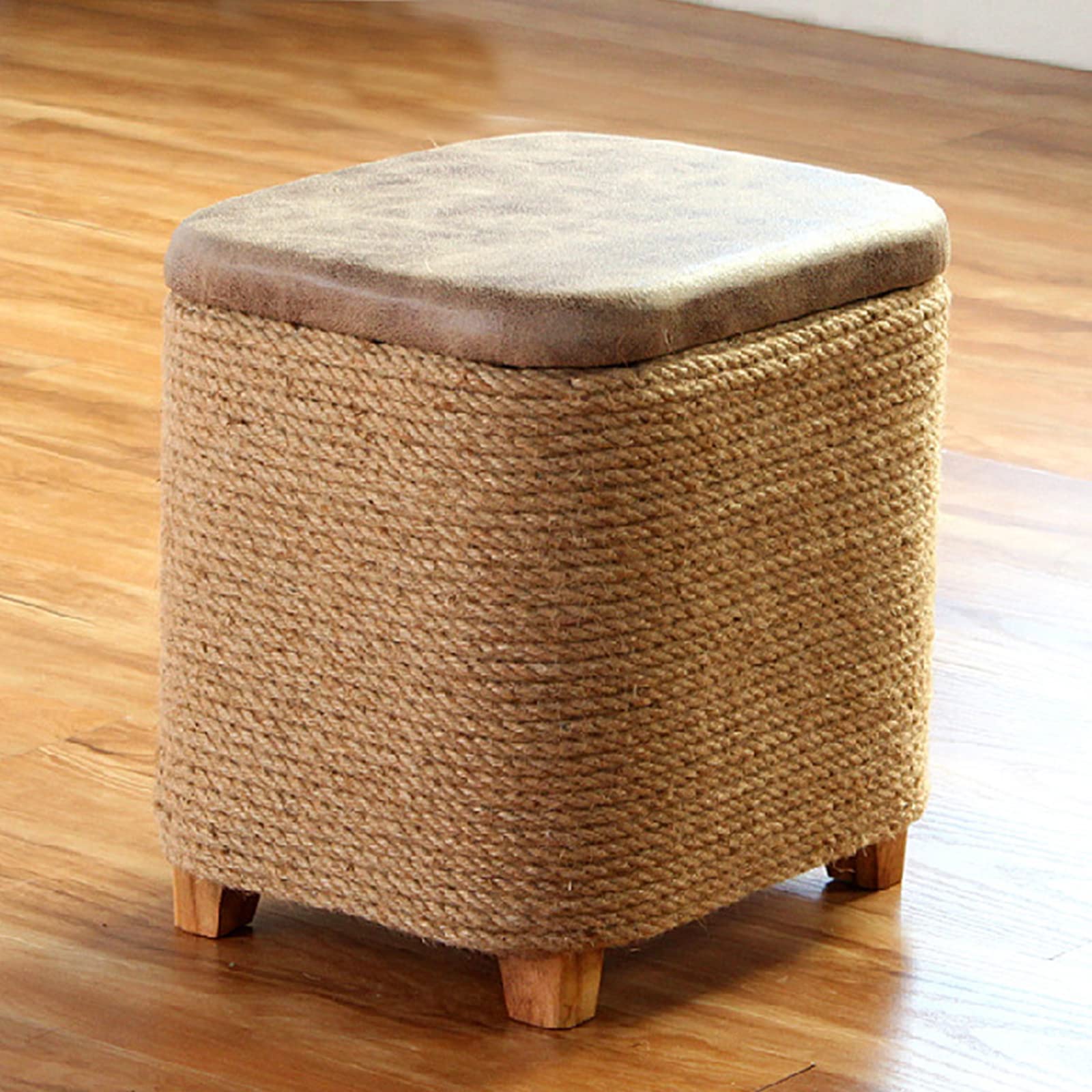 Tabouret de rangement coffre pouf en rotin et similicuir marron