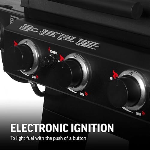 Miniatura 4 de Char-Griller Texas Trio - Parrilla de gas y carbón de 3 quemadores y ahumador, botón para encender, doble medidor de temperatura, quemador lateral,