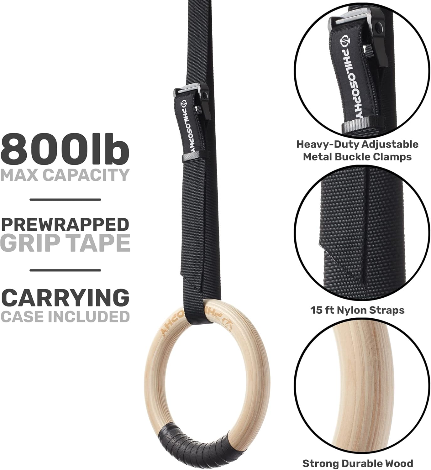 Philosophy Gym Wood Gymnastic Rings 1" or 1.25" Grip with Adjustable Straps and Grip Tape for Pull Ups, Dips, Muscle Ups