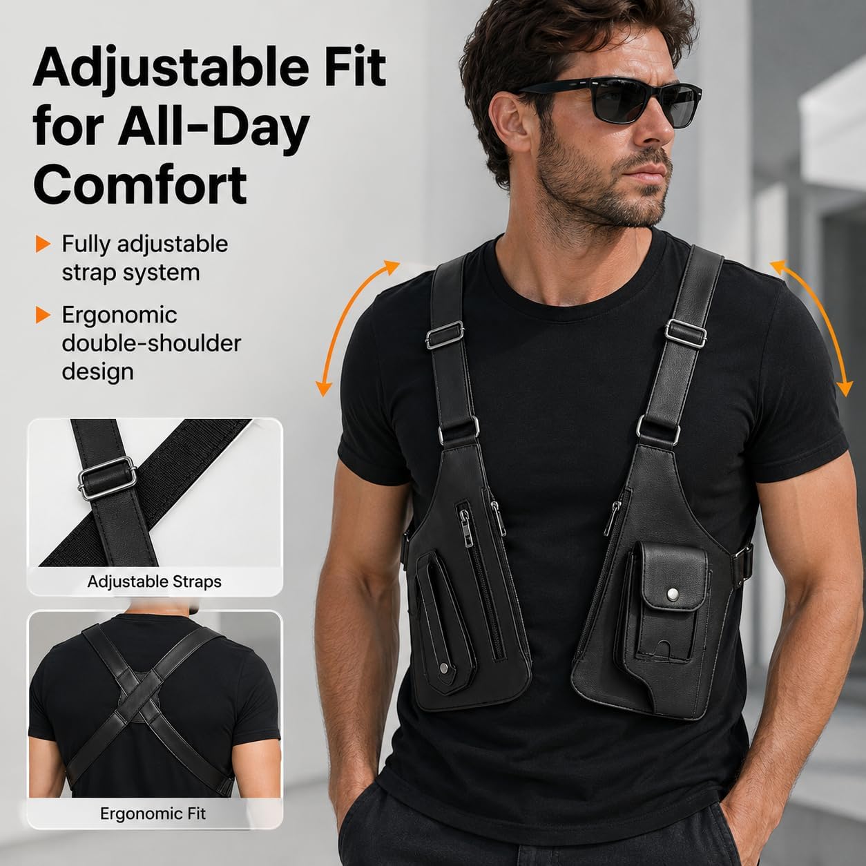 Double Shoulder Armpit Bag for Men Premium Vegan Leather Anti-Theft Underarm Bag, Adjustable Bag with Multiple Pockets Pouch