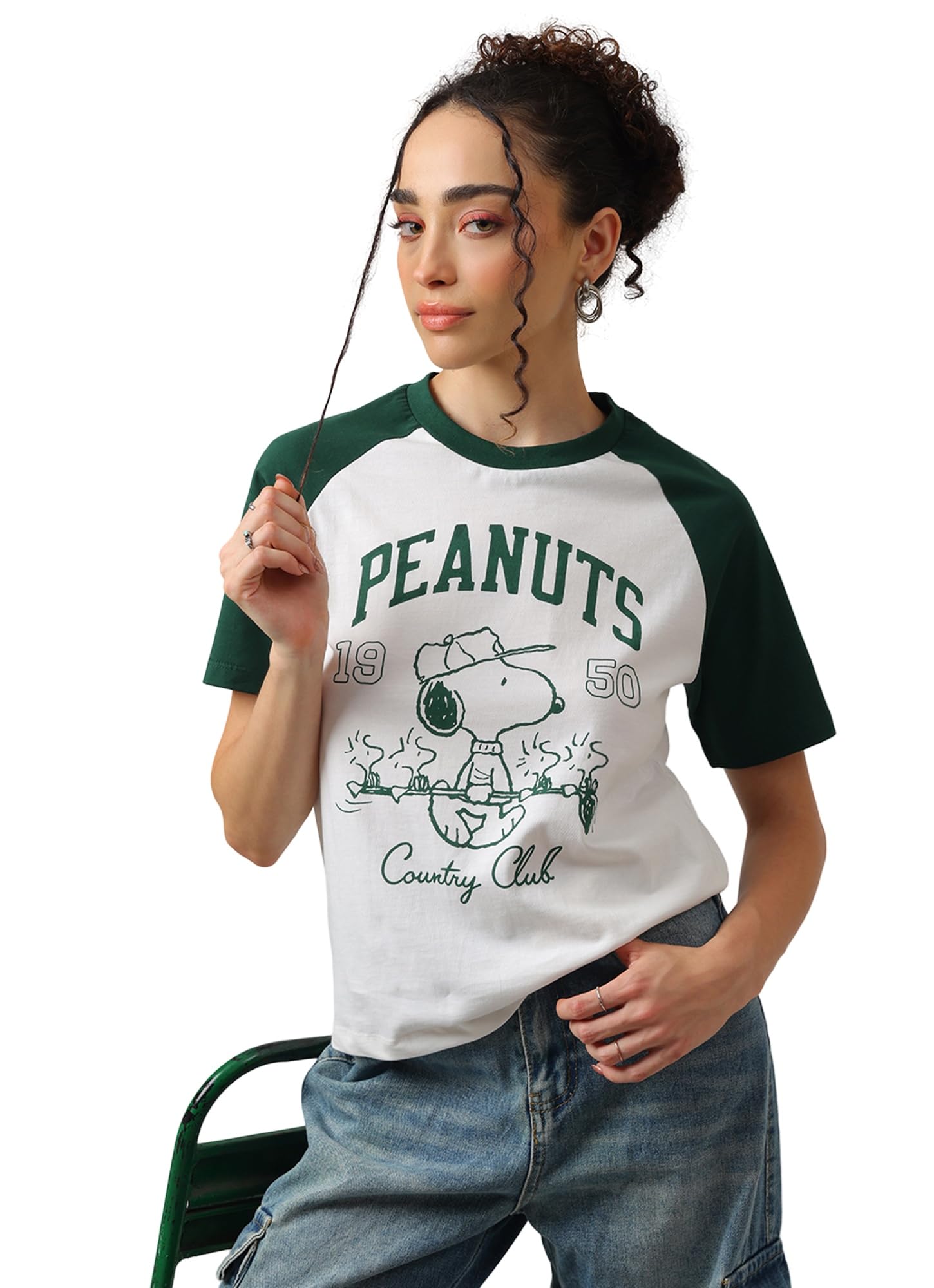 free authority Official Peanuts Snoopy Country Club Women Relaxed Fit Raglan Tshirt White Dark Green Pure Cotton Casual Summer Tee-picture-53
