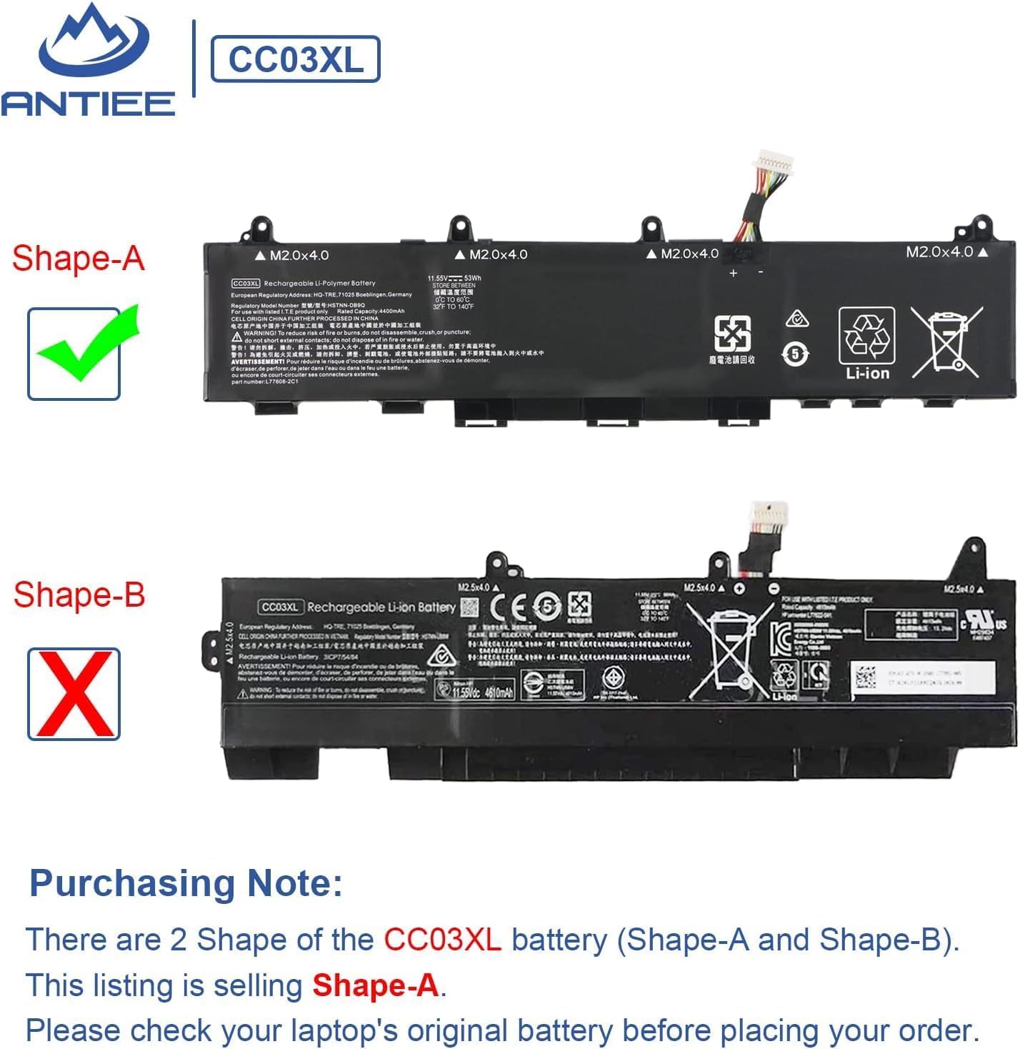 ANTIEE 53Wh CC03XL Batteria Compatibile with HP ZBook Firefly 14 G7 G8, EliteBook 830 835 840 845 G7 G8 Probook 635 Aero G7 G8 Series HSTNN-DB9Q L77608-2C1 L77608-421 L785555 5-005 CC03053XL-PL
