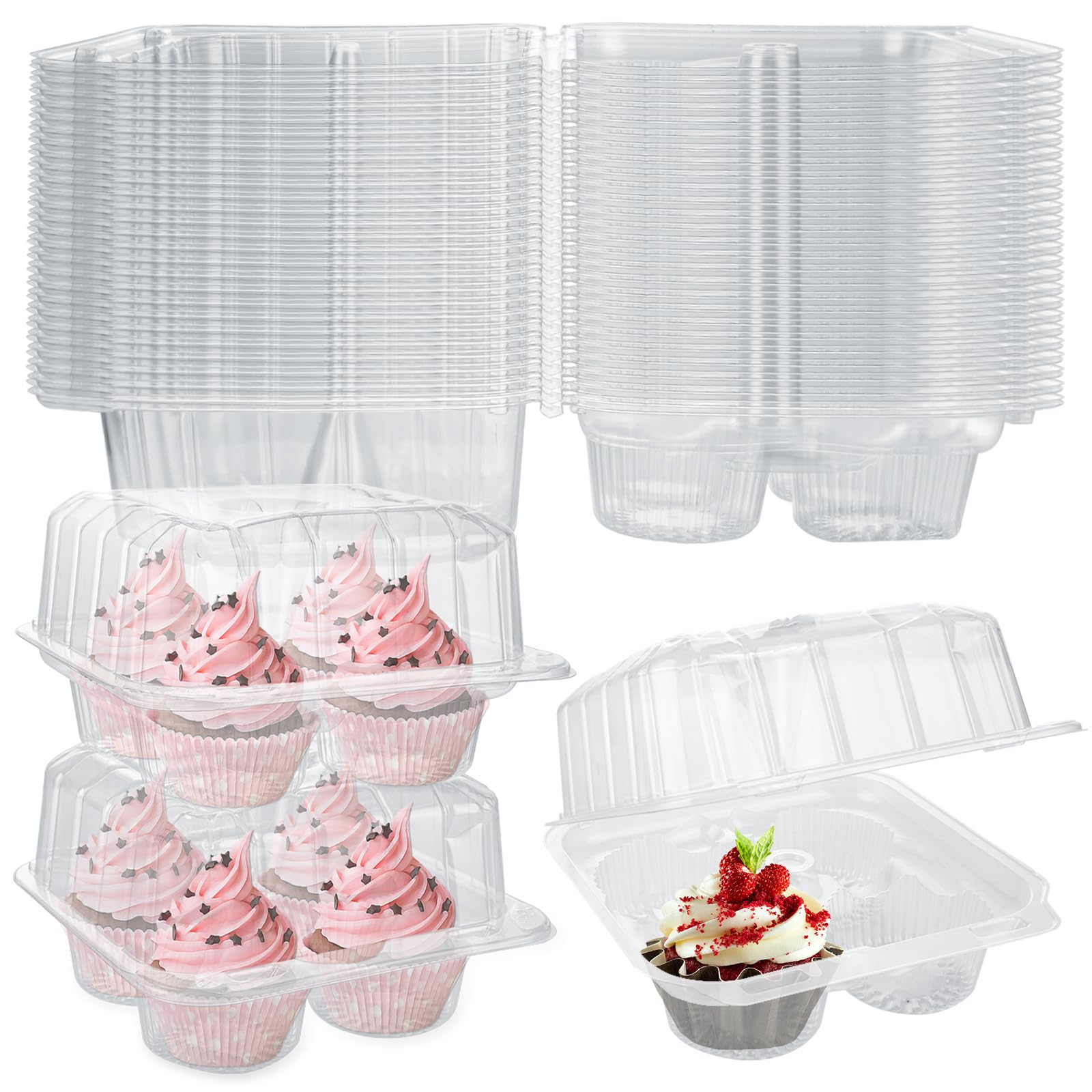 Lot de 50 boîtes à cupcakes empilables en plastique transparent à 4 compartiments, 17 x 17 x 12 cm de profondeur