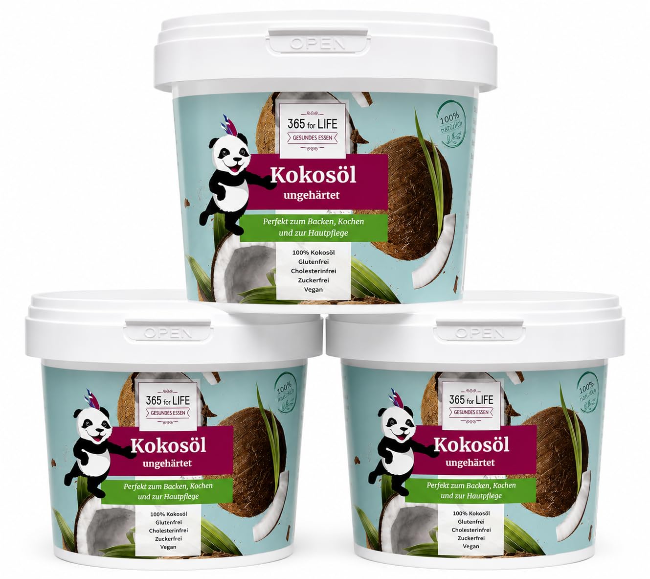 Kokosöl ungehärtet 3 x 1000 ml – 100% pflanzlich, geruchsneutral, glutenfrei, vegan – Ideal zum Backen, Kochen & Hautpflege