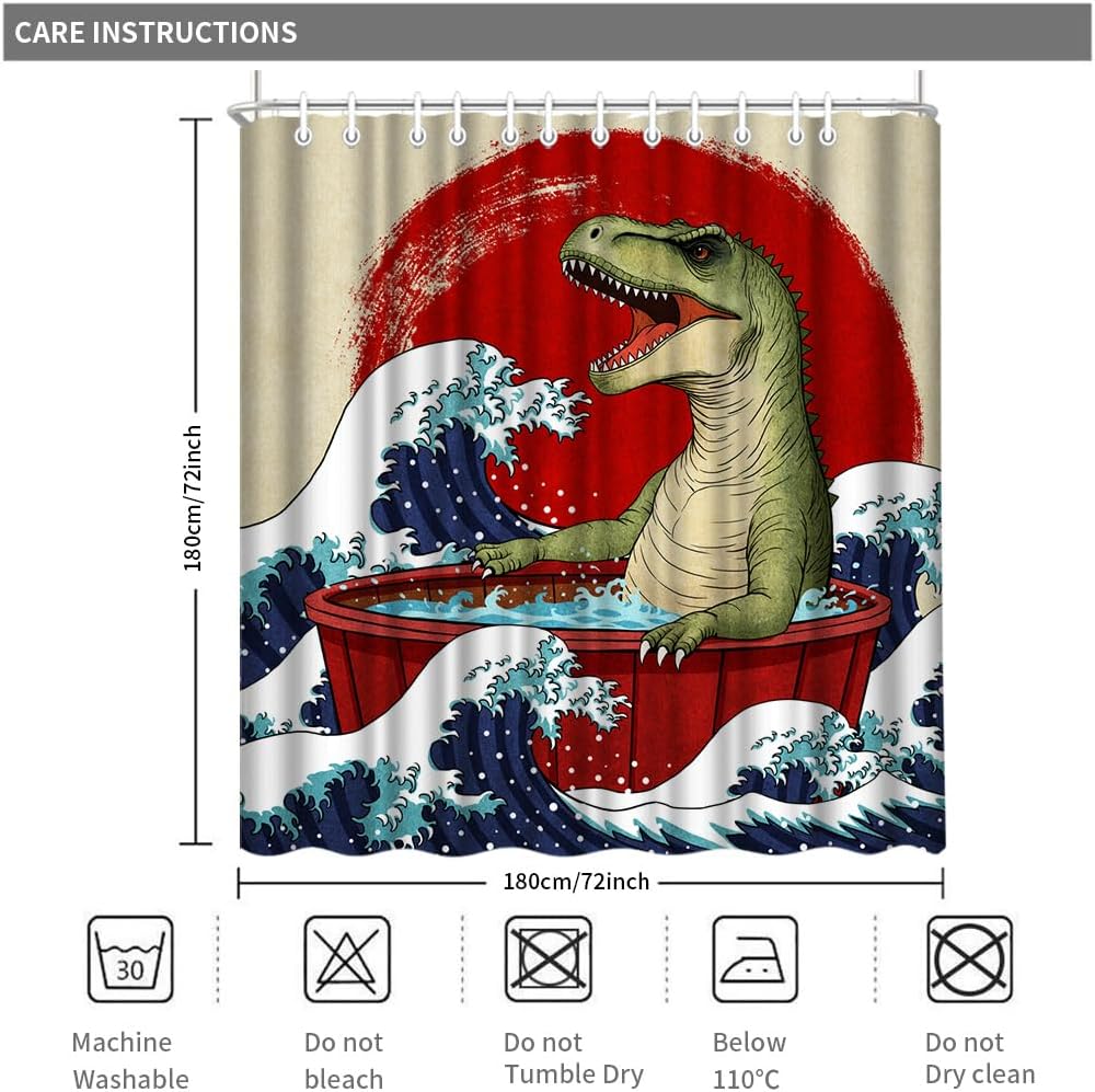 Dinosaur Shower Curtain Funny Japanese Style Bathroom Decor Red and Black with 12 Hooks 72x72 Inches
