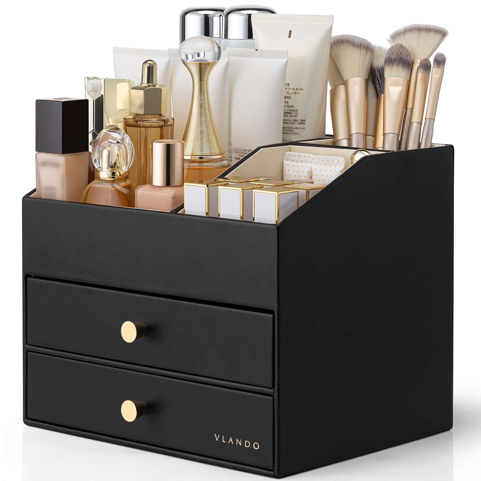 VLANDO Make-up-Organizer für Schminktisch, große Kapazität, Arbeitsplatten-Organizer mit Schubladen, PU-Leder, Kosmetik-Vitrine für Lippenstift, Pinsel, Hautpflege, Schlafzimmeraufbewahrung (schwarz)