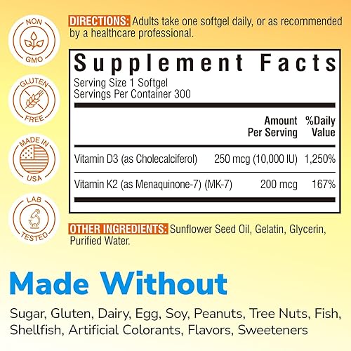 Miniatura 2 de Suplemento de vitamina D3 K2, 10000 UI D3  200 mcg K2 MK7, absorción de calcio, hueso, corazón, apoyo inmunológico y estado de ánimo, absorción