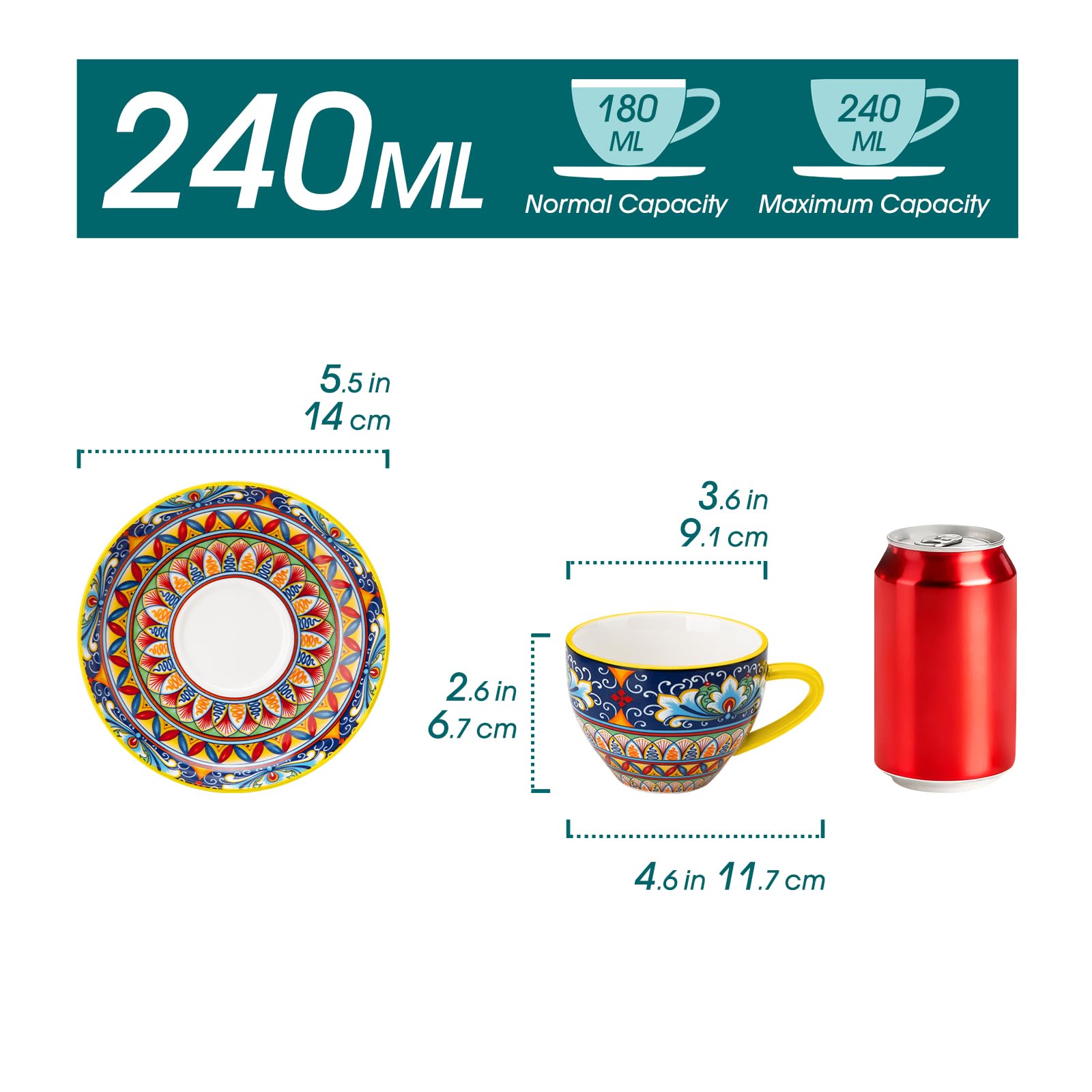 vancasso SIMI Cappuccino Tassen mit Untertassen 6er Set - 240 ml - Kaffeetassen aus Bunt Porzellan, Geschirr Tasse Becher für 6 Personen, Mikrowellengeeignet, Böhmischer Stil