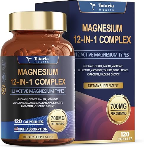 Complejo de magnesio 700 mg 12 en 1 Suplemento de magnesio con citrato de glicinato óxido de malato taurato aspartato orotato relajación de