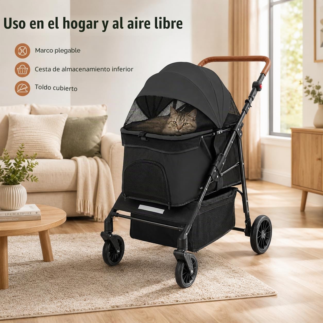 Cochecito para perros, plegable, hasta 15 kg, carrito para mascotas con ventanas de malla y freno, carrito plegable para gatos para perros pequeños y medianos