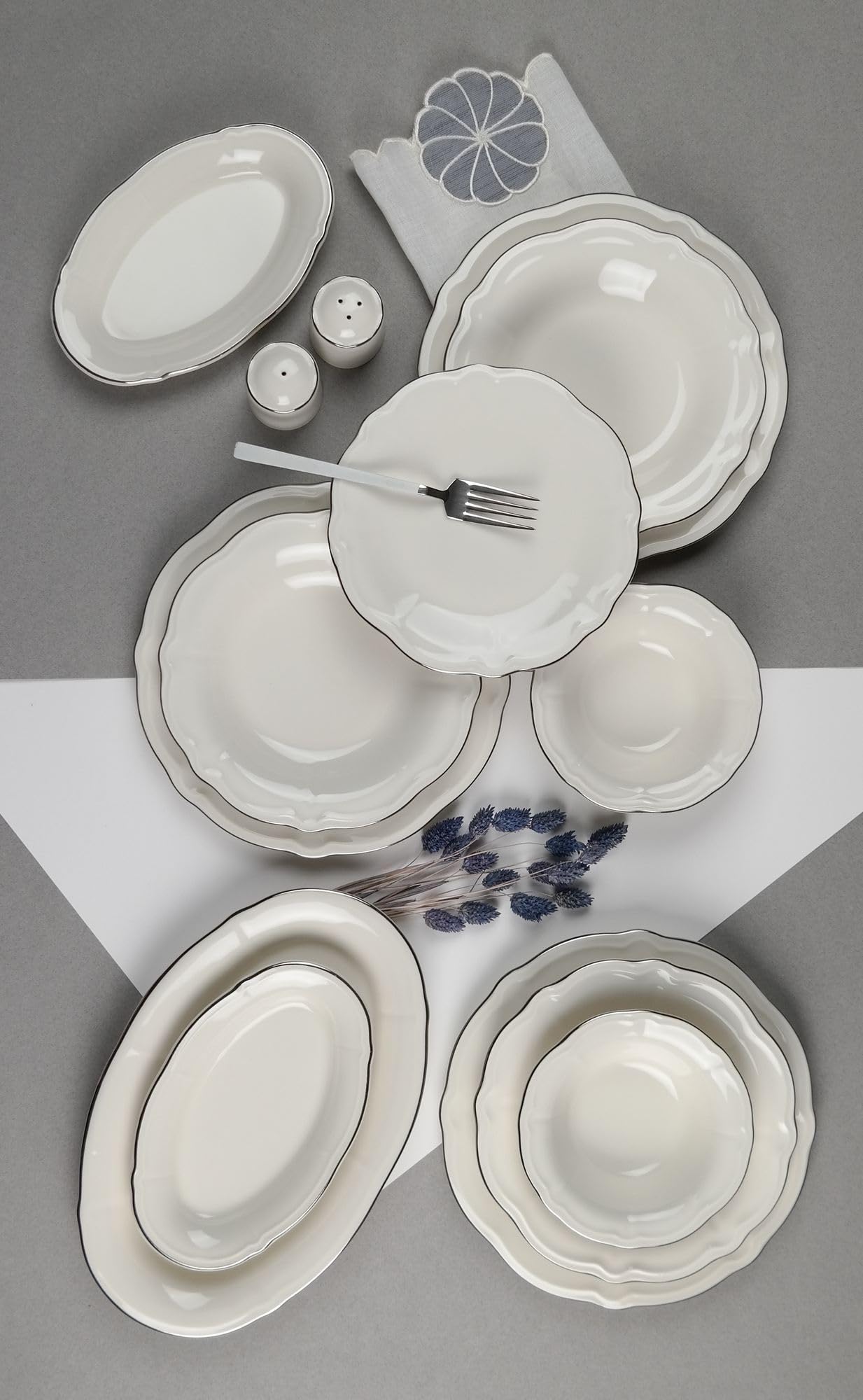 Elegante juego de 53 piezas, 100% porcelana, blanco y plateado, incluye platos, cuencos, platos y esparcidores, apto para lavavajillas y microondas