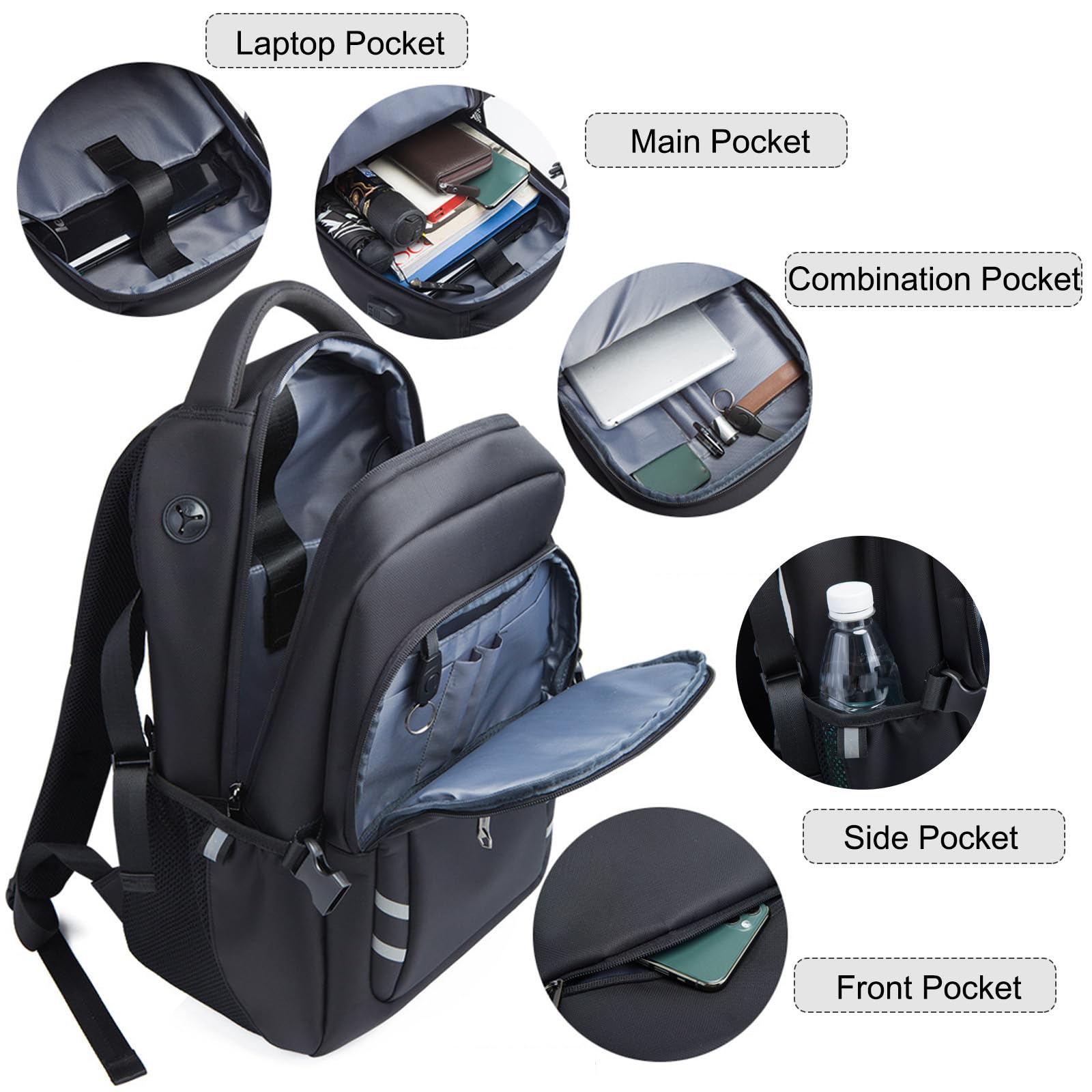 FANDARE Mochila de Viaje Gran Capacidad con Puerto de Carga USB, Mochila Ligera y Resistente para Ordenador de 15.6 Pulgadas, Incluye Correa para Equipaje, Tiras Reflectantes