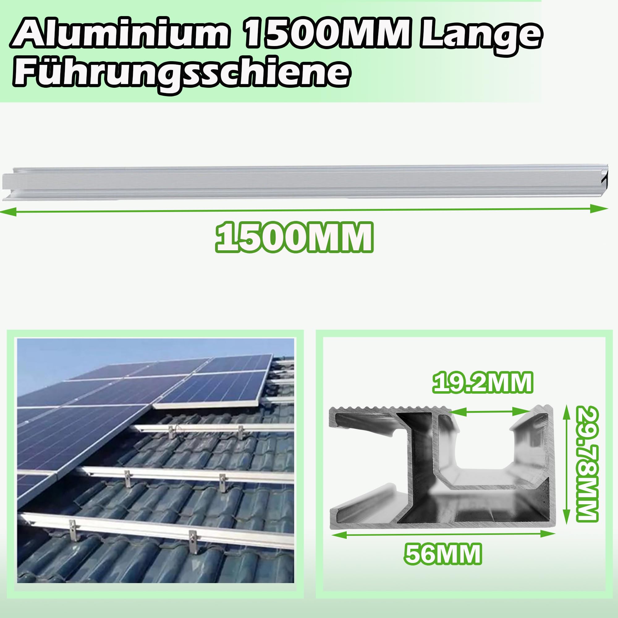 Warmfay Juego de montaje para techo de tejas, aluminio 1500 mm, rieles de perfil continuos y ganchos para techo, módulo solar, tejas para 2 módulos, soporte solar para módulos fotovoltaicos, grosor de