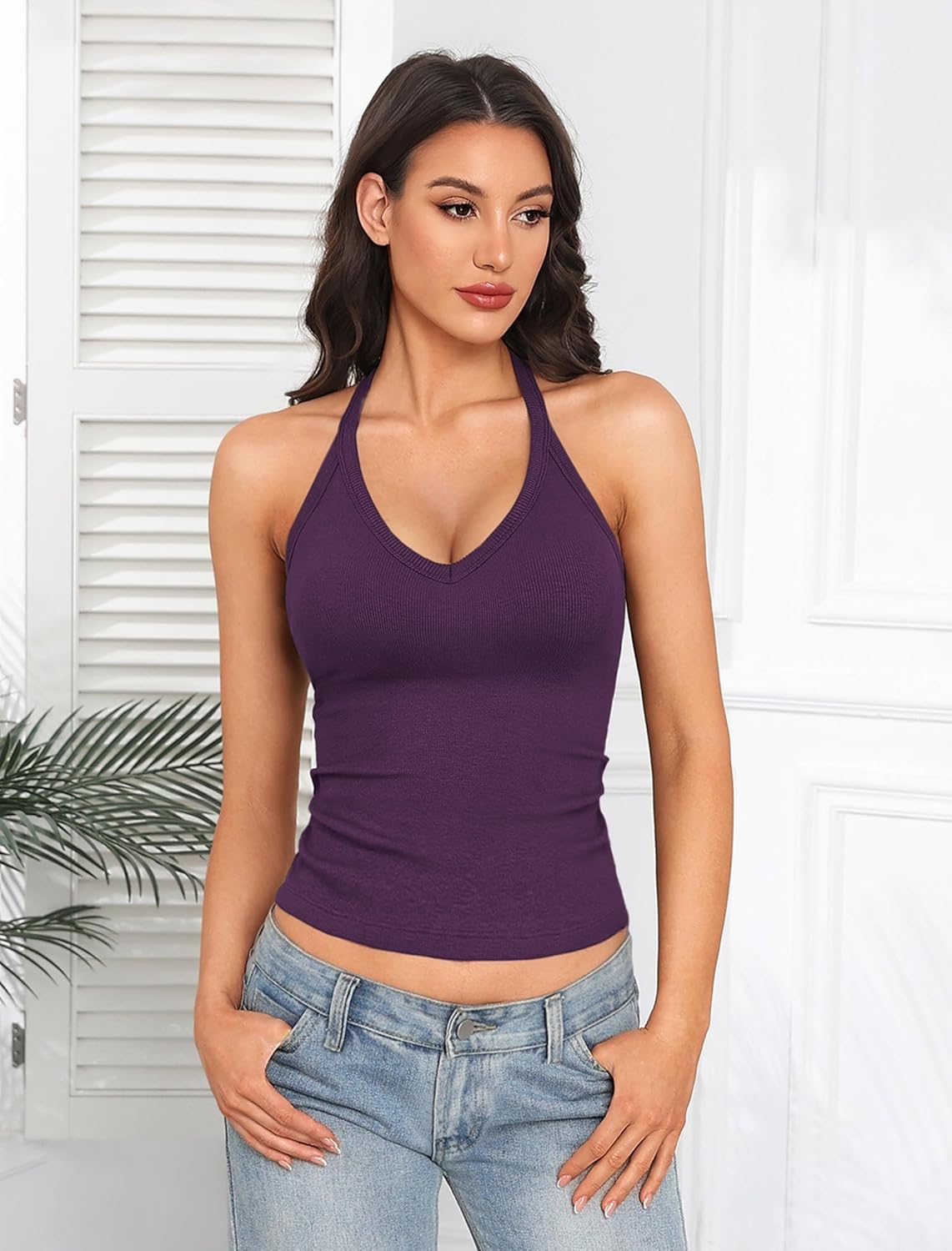 Avidlove V Neck Tank Top for Women Built in Bra Tanks Ribbed Racerback Fitted Long Casual Basic Cami Tops