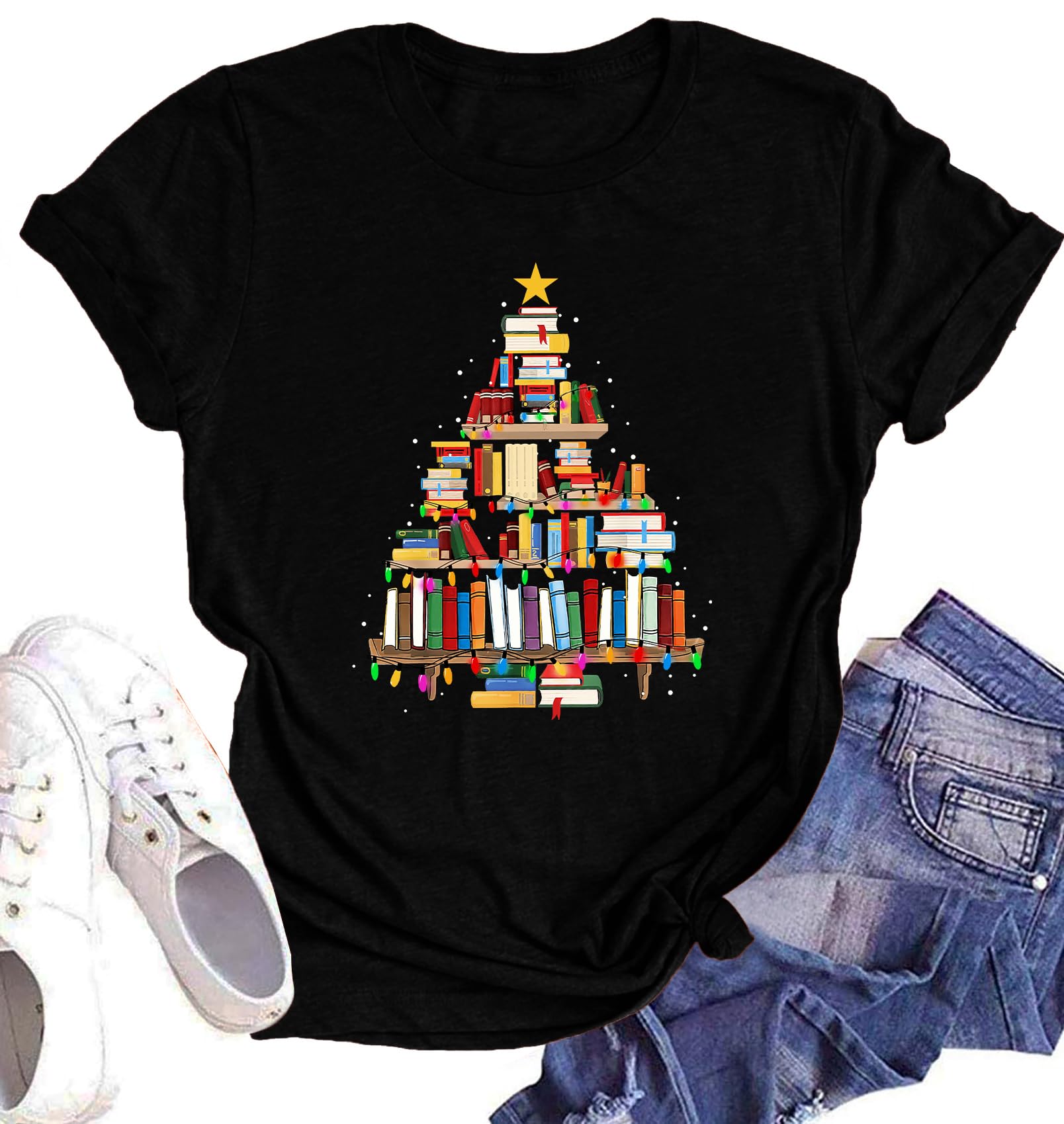 hohololoChristmas Shirts Women Christmas Book Tree T-Shirt Book Lovers Xmas Holiday Reading Tee Tops