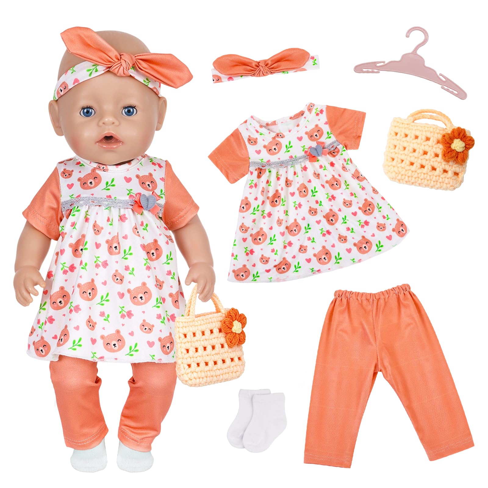 6 Pcs Sweet Dolls Clothes for 14-18Inch Doll, Orange Baby Doll Clothes with Bear Flowers Babydoll Dress Trousers Clothes Hanger Socks Hairband Bag for 35-43cm Dolls, Doll Accessories Birthday Gifts