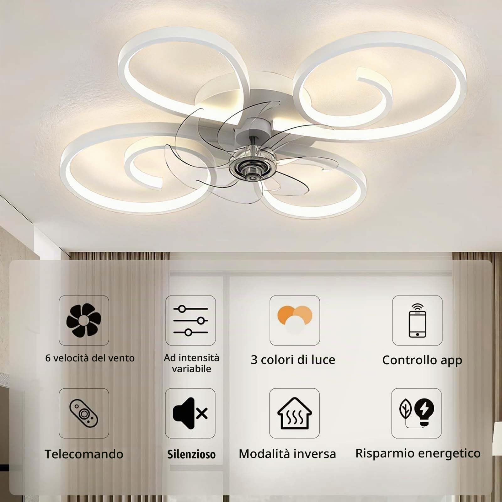 Ventilatore da Soffitto con Luce Telecomando Silenzioso Lampadario con Ventilatore Funzione Memoria Dimmerabile 6 Velocità Reversibile Ventilatore Soffitto Con Luce Adatto Pranzo，Bianco