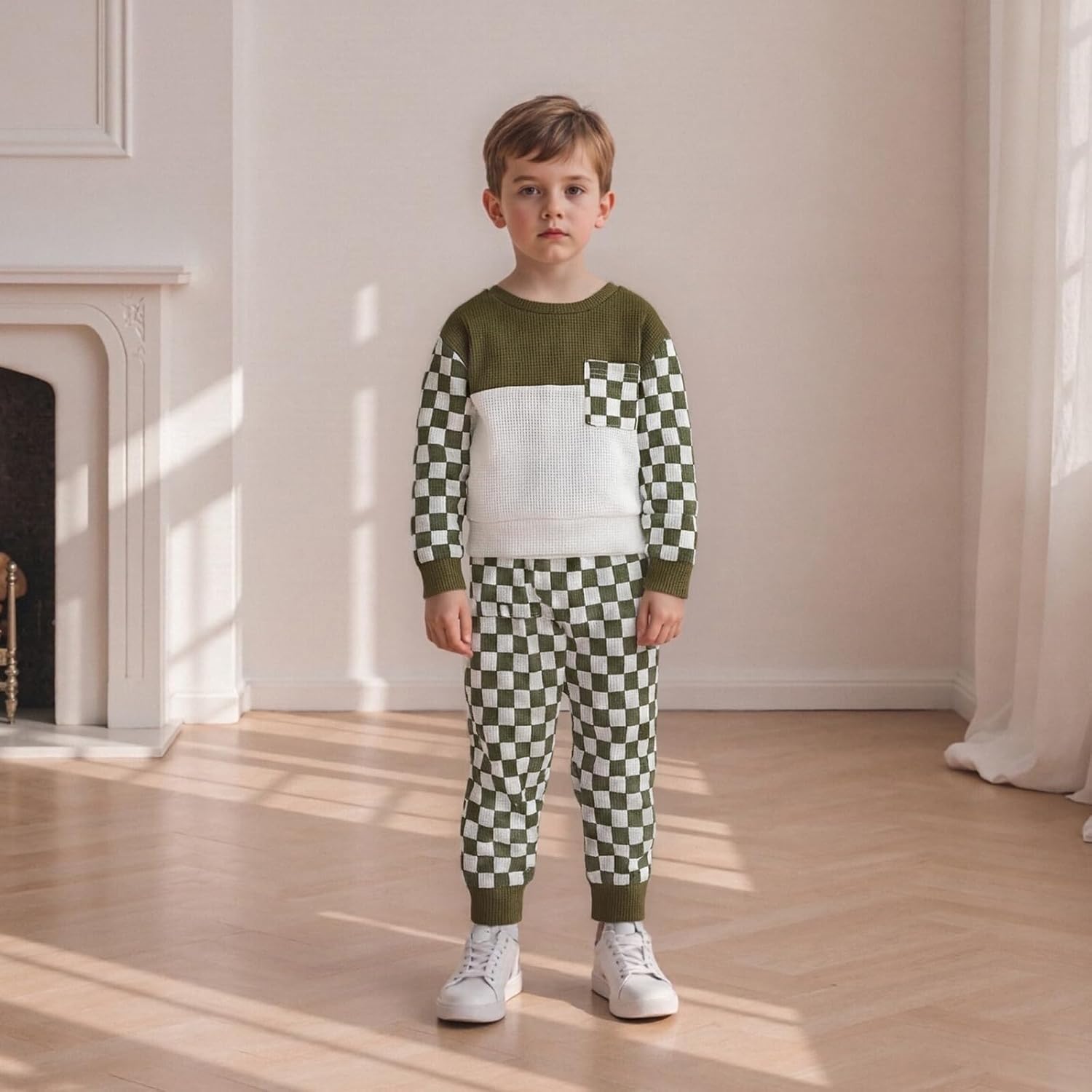 allshope Toddler Baby Boy Fall Outfit Checkerboard Patchwork Long Sleeve Sweatshirt Elastic Waist Pants Newborn Clothes Set