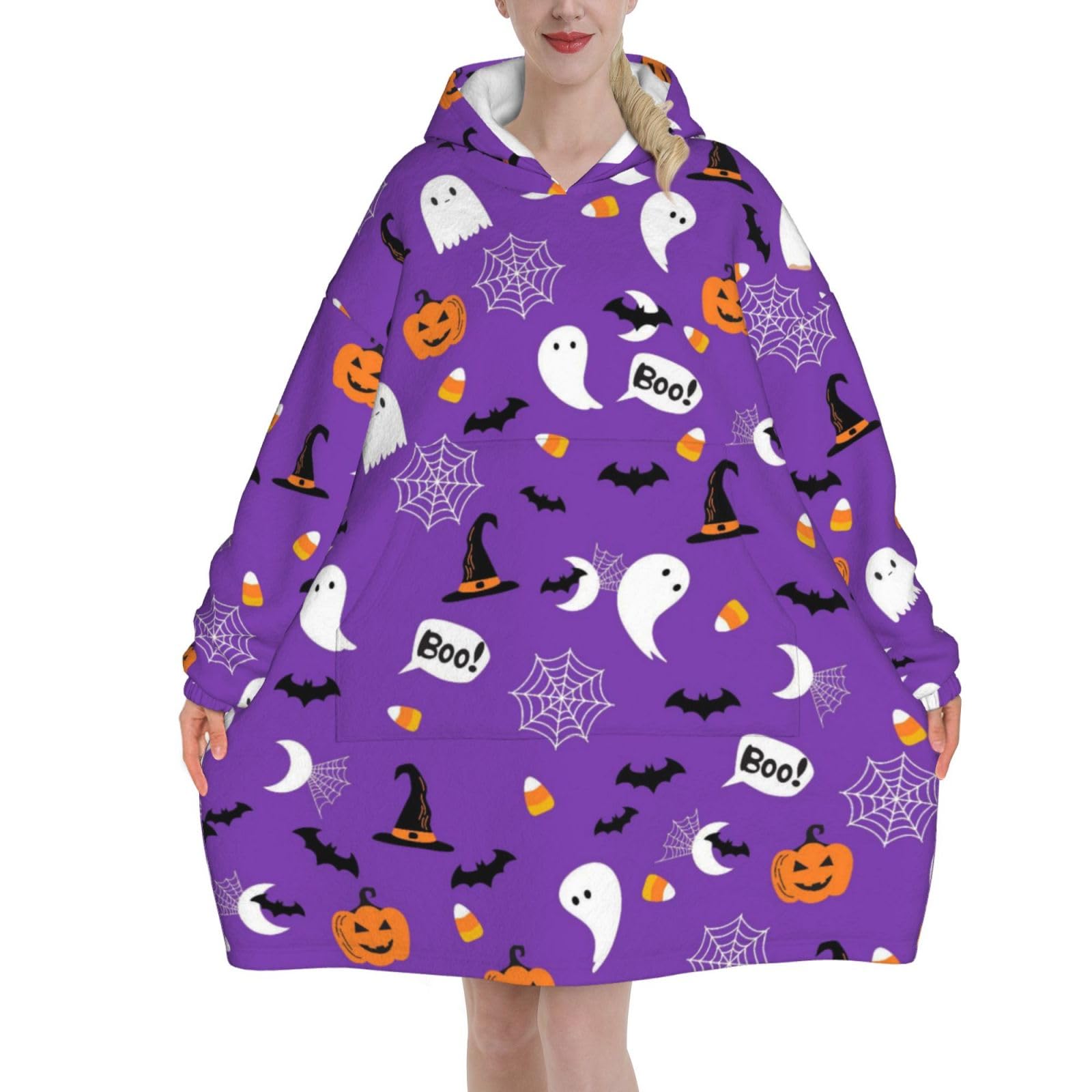 Wearable Blanket Hoodie for Women - Oversized Comfy Flannel Hoodie Blanket Sweatshirt, Snuggly Purple Halloween Ghost Pumpkin Printed Hooded Blanket, Halloween Gifts for Teen Girls Sister Women — image 1