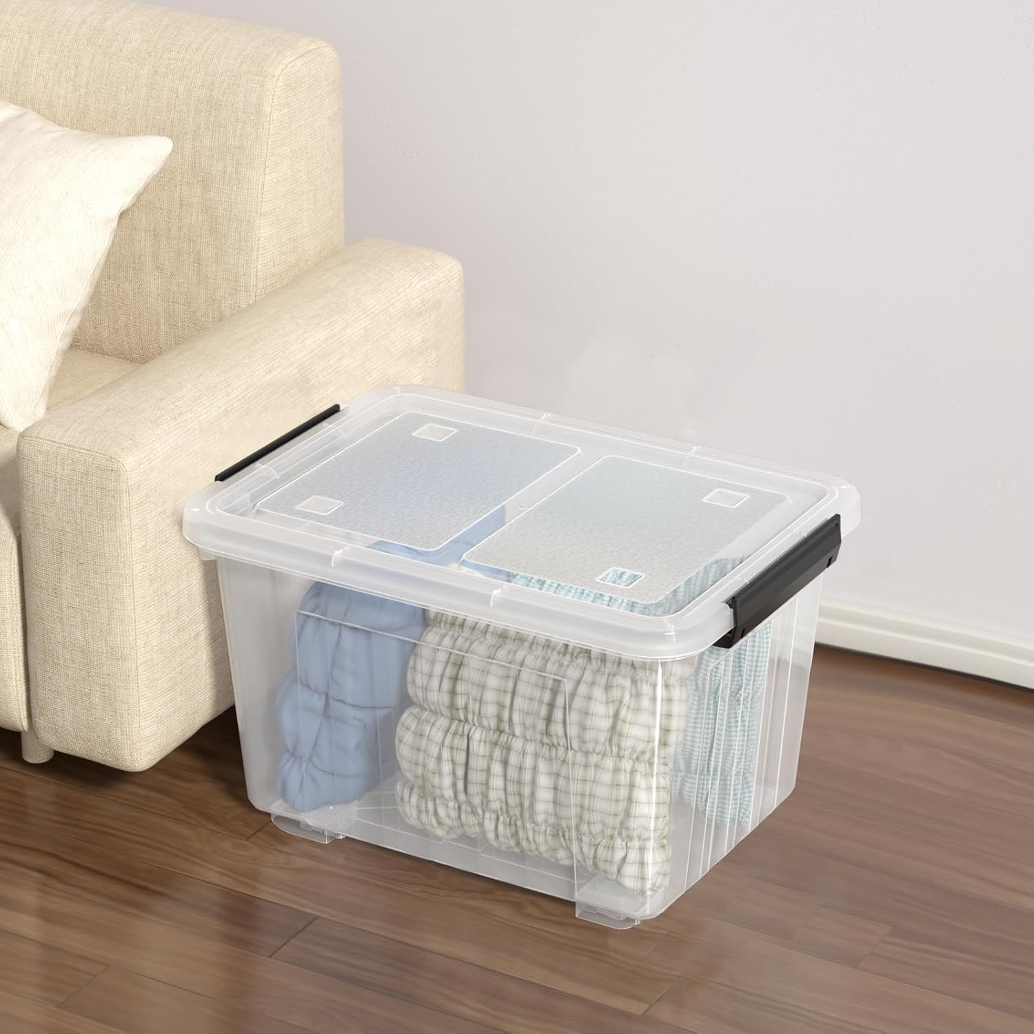 50 Quart Large Plastic Storage Box with Wheels, Latching Box with Lid, Wheeled Storage Bin, 4 Packs