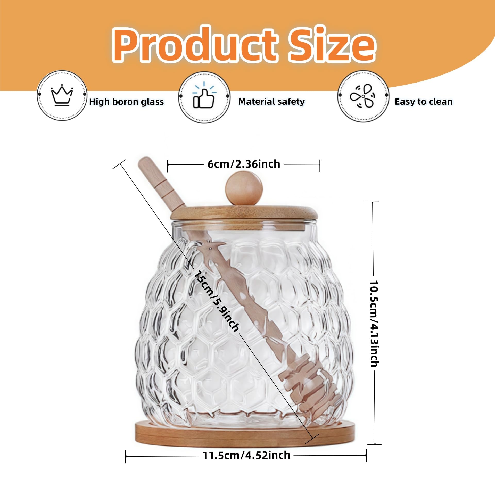 MEETOZ 350ml Honey Jar with Wooden Dipper and Lid, Glass Honey Jar with Dispenser - Image 2