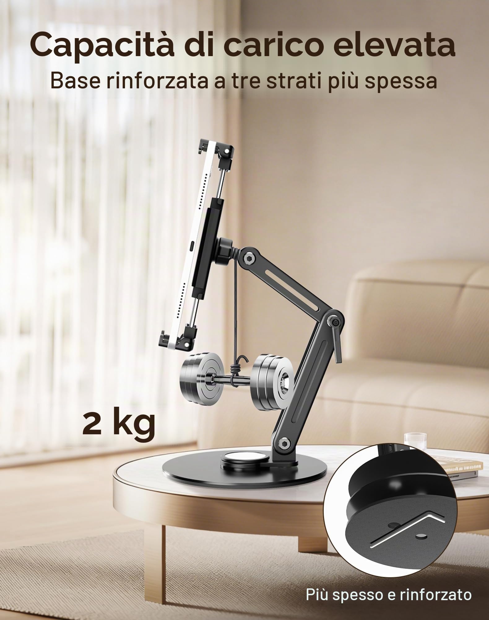 Supporto portatile per monitor e tablet, robusto supporto in alluminio, base girevole a 360°, capacità di carico di 2 kg, pieghevole per iPad da 4,7-18,5 pollici, tablet, monitor, cucina e viaggi