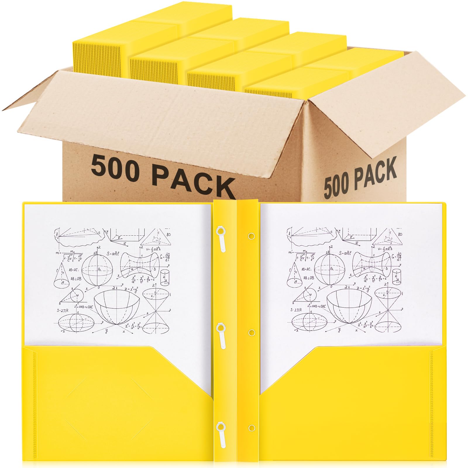 Yeaqee 500 Pcs Plastic 2 Pocket Folders with Prongs Bulk, 3 Prong File Folders Fit Letter Size Paper, for School Office Homework Paperwork Business Document Subjects Organization Supplies (Yellow)