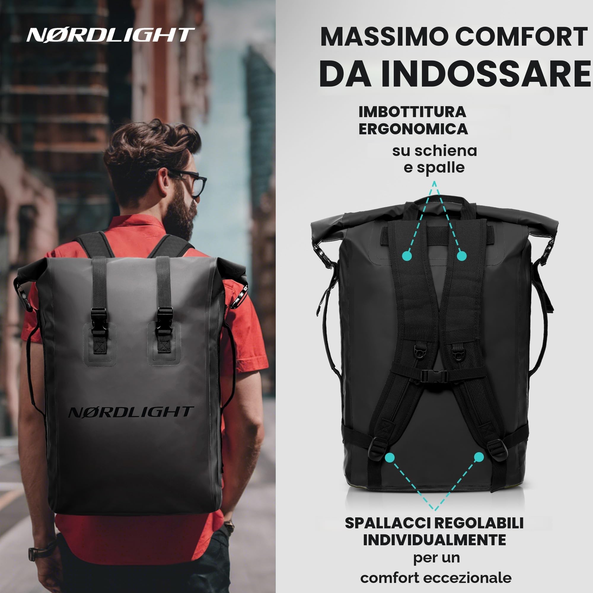 Nordlight Zaino Impermeabile Dry Bag 35l - (Nero) Roll Top con Cinghia di Trasporto Imbottita, per Bici, Messenger, Trekking, Pesca