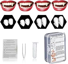 4 Pairs Vampire Teeth Kit 4 Sizes Vampire Teeth Halloween Cosplay Vampire Catches Fake with 1 Tube Teeth Pellets Adhesive for Party Cosplay, Halloween, Demon, Witch