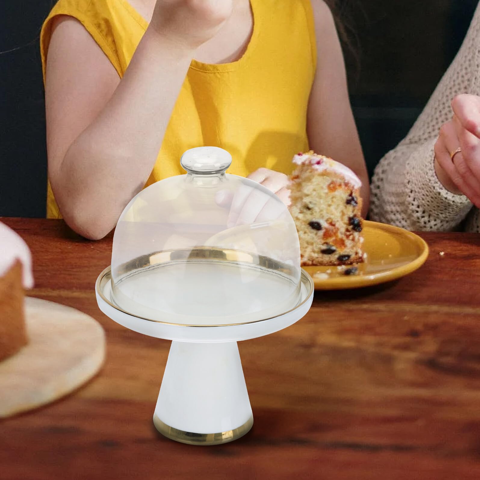 Alzata per Torta Protezione Alimentare e Design Nordico Semplice in Porcellana Bianca con Coperchio in Vetro per Dessert e Frutta