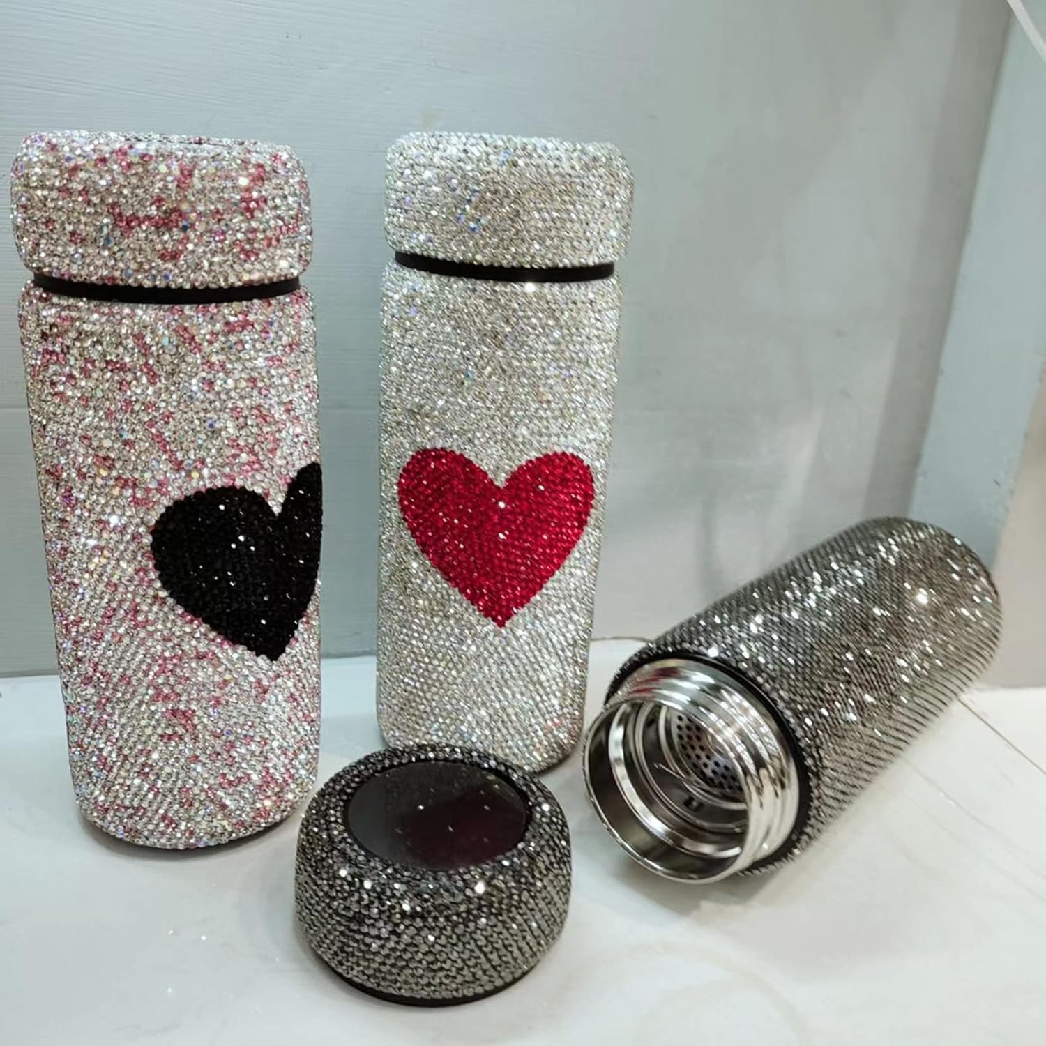 Diamentowy termos, butelka termiczna, Bling Rhinestone butelka na wodę z wyświetlaczem temperatury LED Kubek podróżny z wodą Podróżny kubek na wodę ze stali nierdzewnej(Pink)