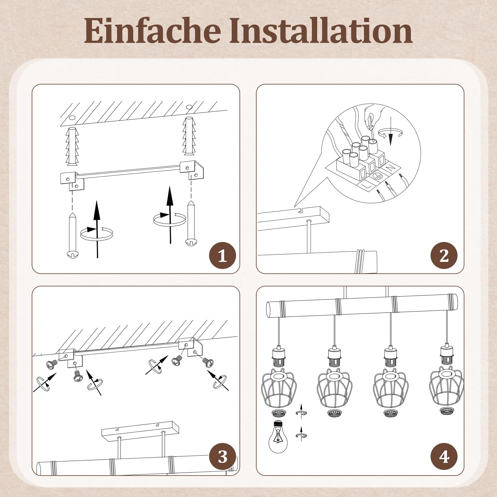 ZMH Vintage Plafonnier Salon Bois : Lustre Style Industriel Noir 4 Lumières Rétro - Applique Cuisine Métal avec Douilles E27 pour Salle à Manger (Ampoules Non Incluses)