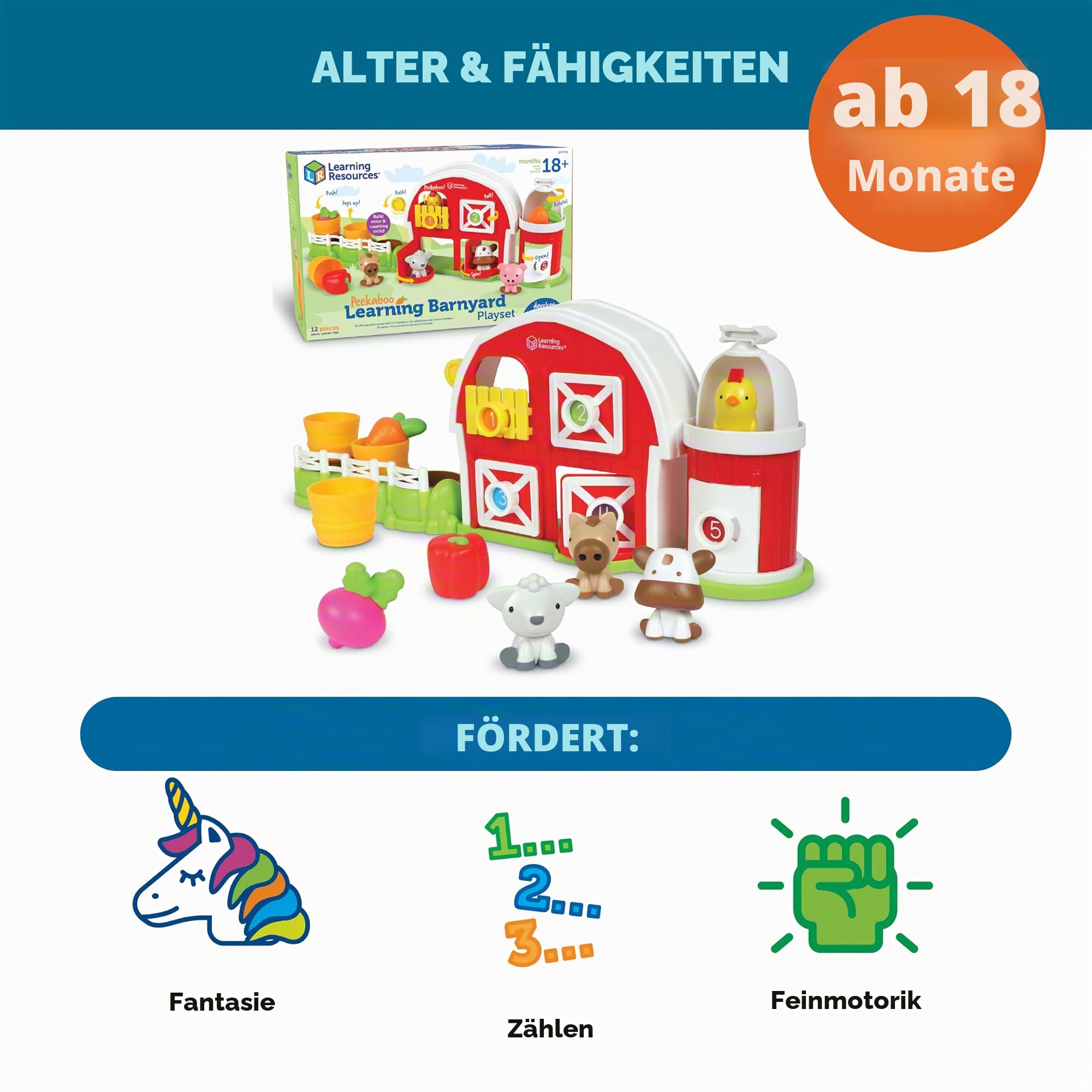 Learning Resources Guckguck Bauernhof-Spielset, Alter ab 18 Monaten, Bauernhof-Spielzeug für Kleinkinder, fantasievolles Spielset, Spielzeug für 2-jährige Jungen oder Mädchen