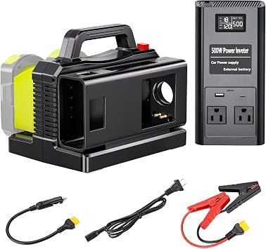Pure Sine Wave Inverter Compatible with Ryobi 18V Battery, 2 in 1 500W 2 Port Power Inverter Battery Charger Generator DC 20V to AC* 2 Outlets, 120V Car Charger Plug, USB&Type-C Tool Only