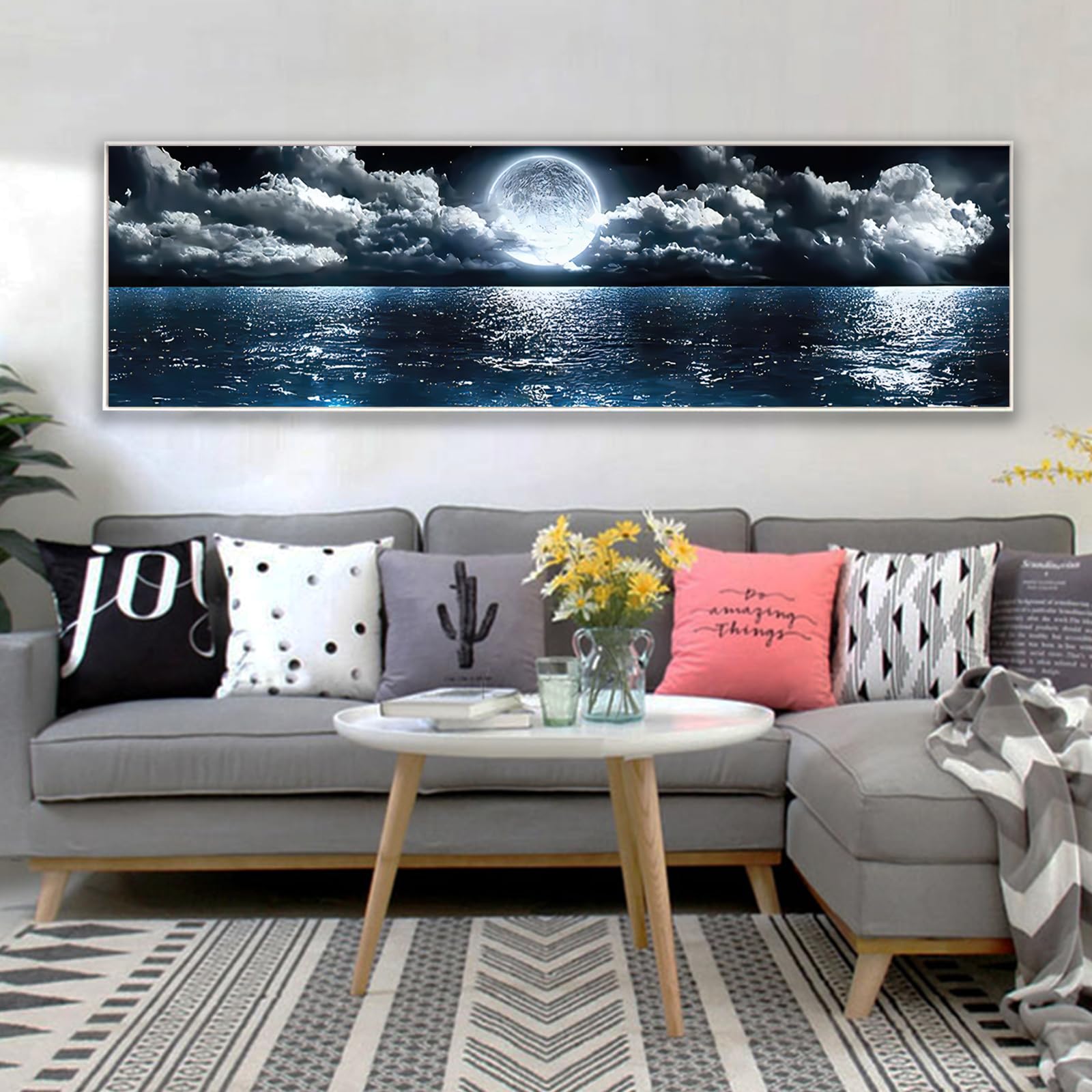 Imágenes de cielo nubes paisaje naturaleza moderno lienzo grande 1 pieza, arte decorativo para salón, dormitorio, decoración de pared, mar, luna, noche, sin marco (B, 30 x 90 cm)