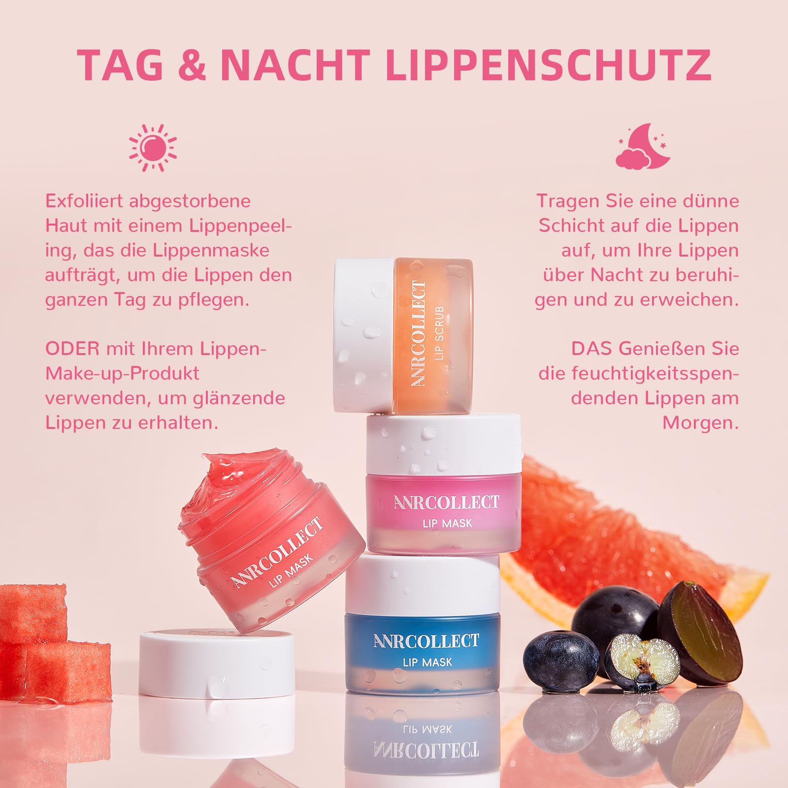 ANRCOLLECT Lippenmaske+ Lip scrub, Lippenpeeling, 4P Lippenpflege Set Mit 3 Lip Sleeping Mask, Lippenmaske Overnight, Lippenbalsam Set FÜR Trockene, Spröde, Rissige Lippen, Feine Linien & Falten | 1 Peeling Scrub + 3 Overnight Masken für weiche, hydratisi
