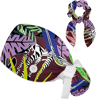 FVQL 2 Pieces Surgical Cap for Long Hair Scrub Cap with Hairband Nurse Cap, Colorful Pattern Leaves and Zebra Animal