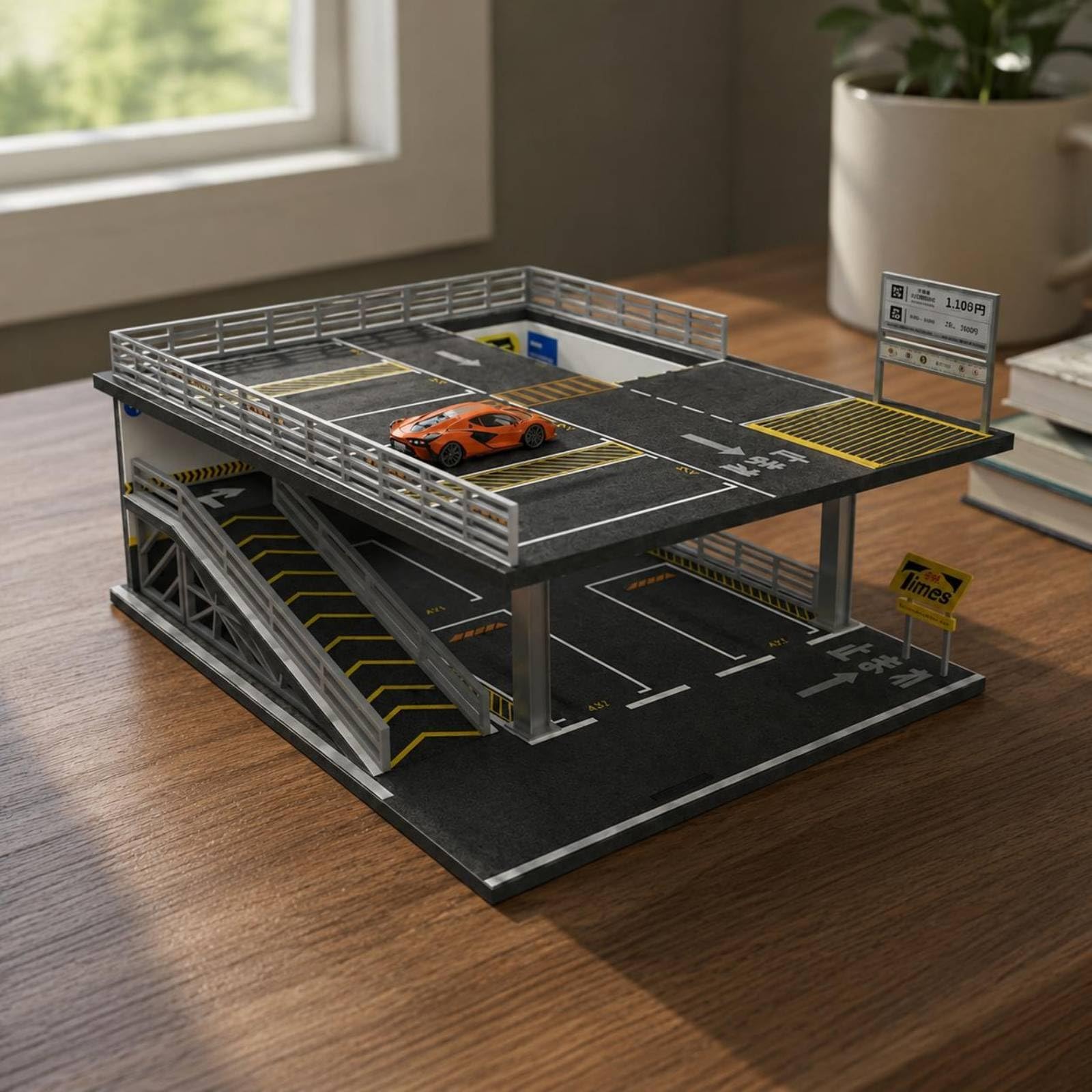 Parcheggio in Miniatura Modello Parcheggio Diorama Scatola Espositiva Doppio Livello con Struttura in Acciaio E Collegamento a Rampa Tracciature E, style to 1