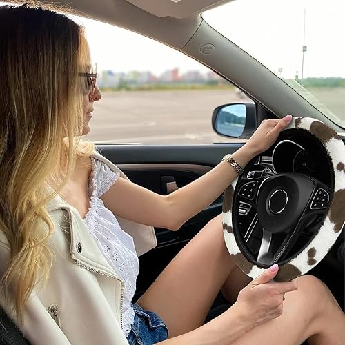 Miniatura 5 de JINGSEN Juego de 11 piezas de accesorios esponjosos para automóvil, fundas de volante de felpa con estampado de vaca esponjosa para mujer, funda de