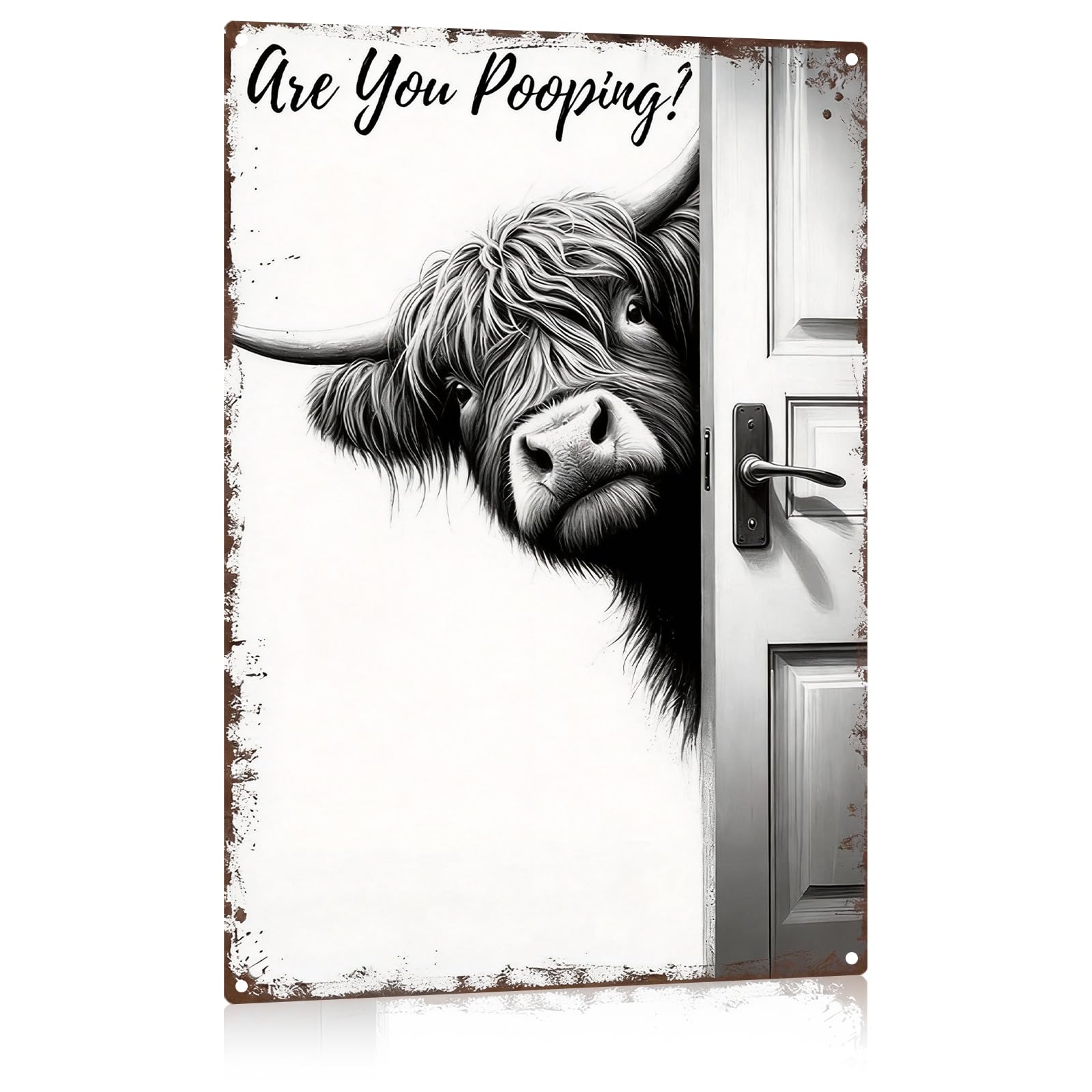 Madewell Living Peeking Highland Cow Bathroom Sign Vintage Highland Cow Are You Pooping Sign, Funny Bathroom Wall Art With Quote, Western Farmhouse Decor, Rustic Metal Tin Sign For Bathroom, Restroom, Bar, 8X12 Inches