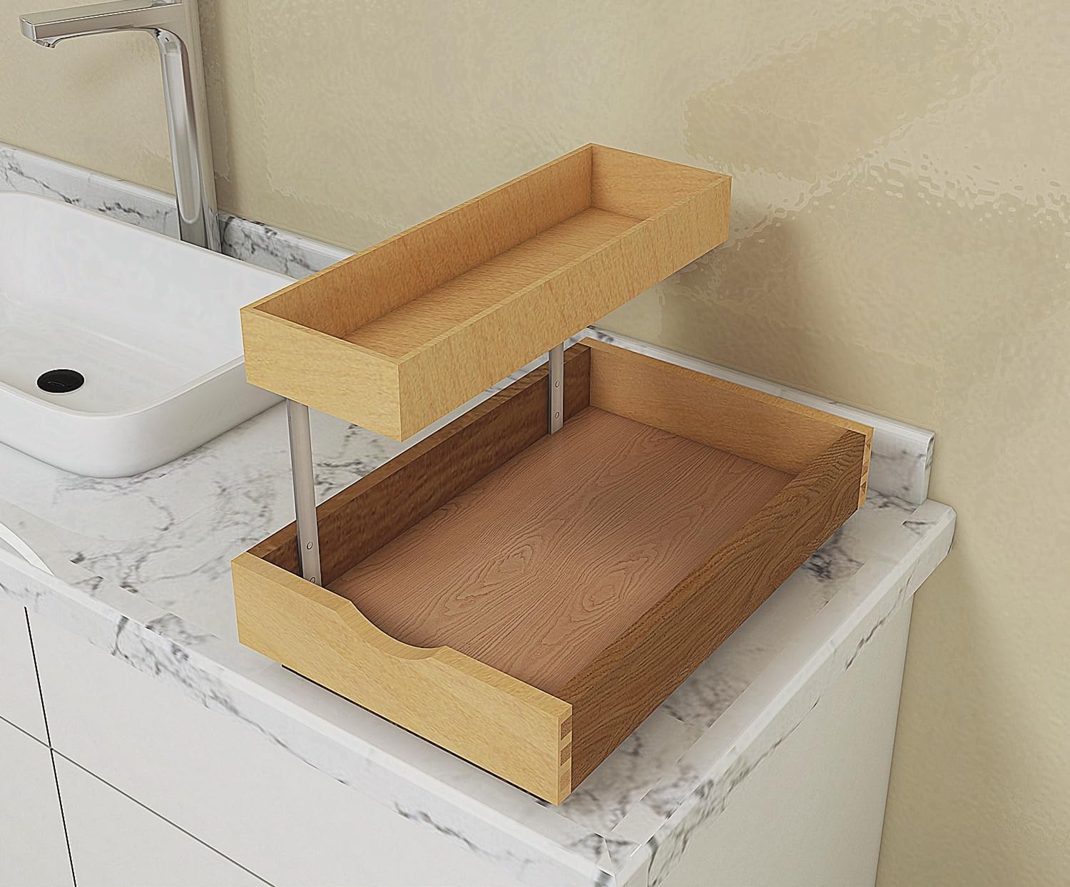 2 Tier Pull Out Organizer Shelf Sliding Drawer Storage for Kitchen Bathroom Storage Cabinet Under Sink Slide Out Shelf Organizing Storage Pull-Out Cabinet Organizer Roll Out Drawer (12'' Width)