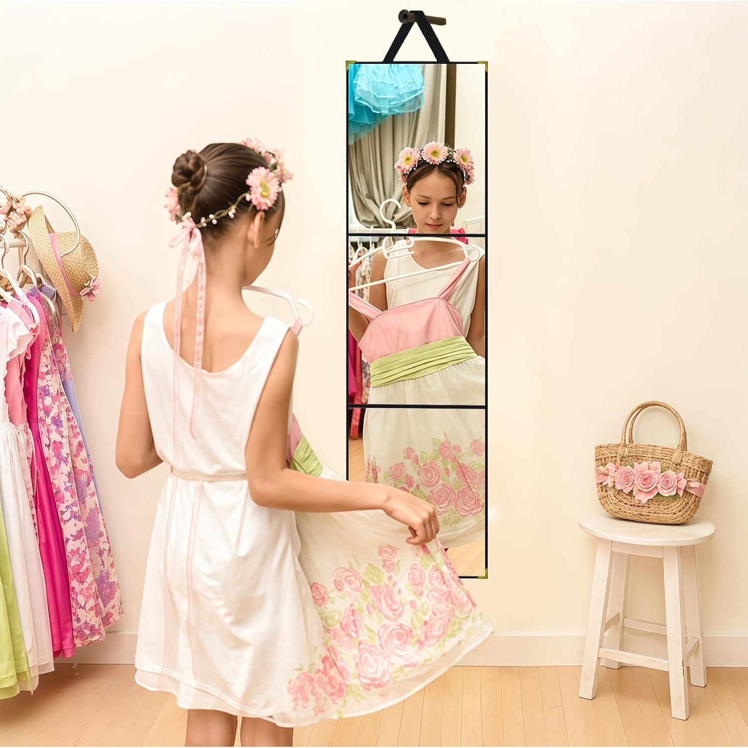 Foldable Acrylic Full Length Mirror, Oxford Fabric, Black, Tri-Fold