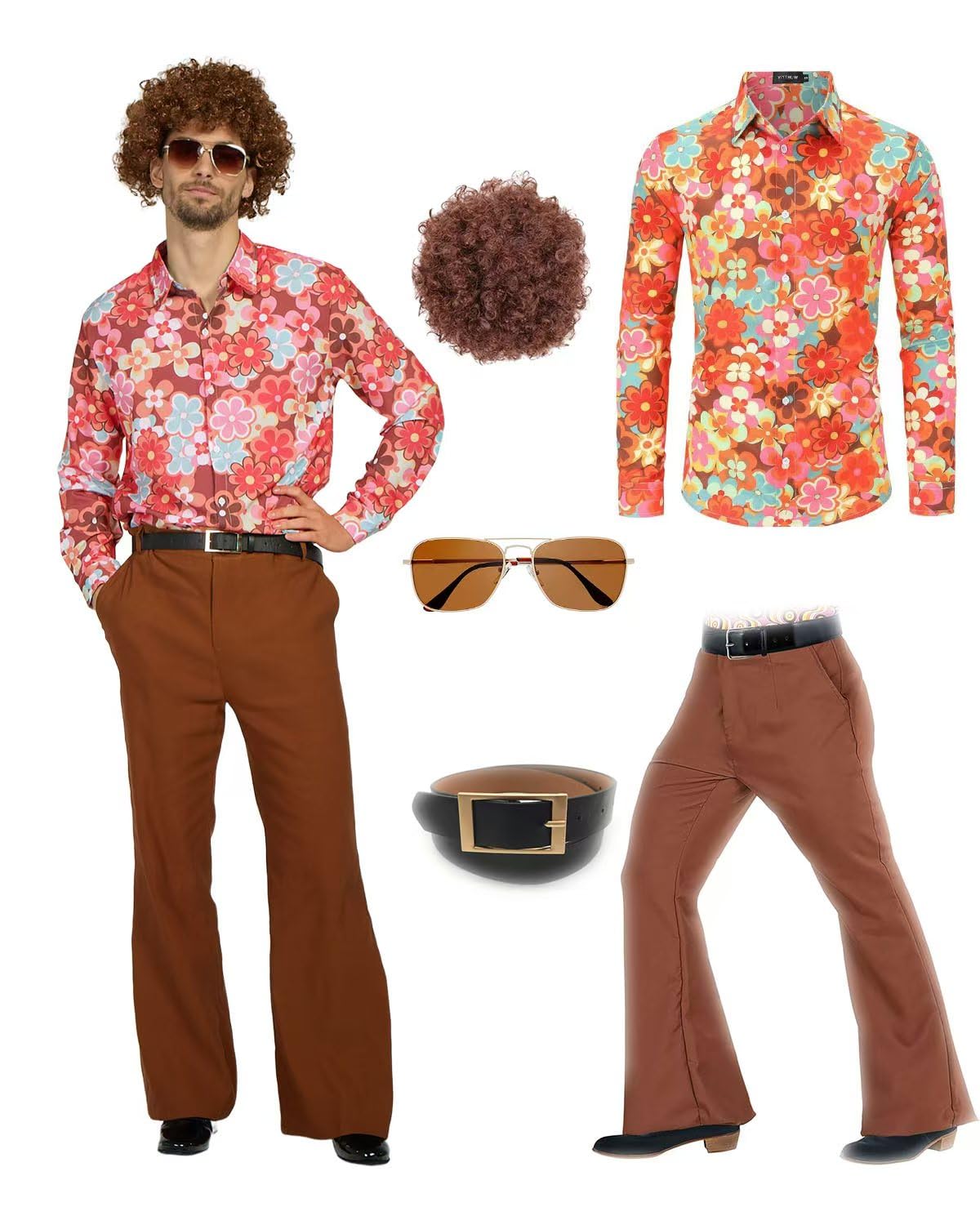 70s Disco Costume Set Hippie Men Outfit with Flared Pants Shirt for 50s 60s 70s Cosplay Halloween Party (Orange, XL)