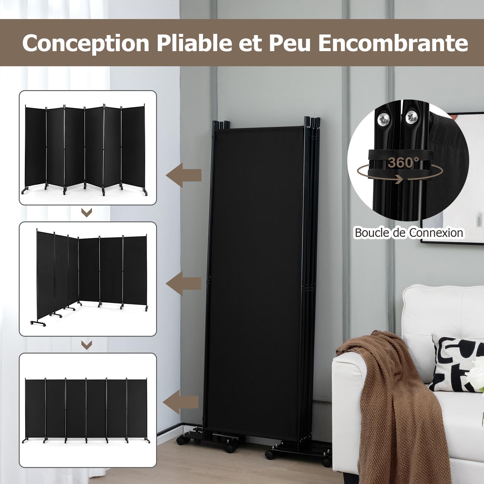 GIANTEX Paravent Intérieur à 6 Panneaux, Separateur de Pieces sur roulettes, 334,5 x 172 cm, Paravent Pliable avec Pieds Larges, Cloison de Séparation, Protection privée (Noir)