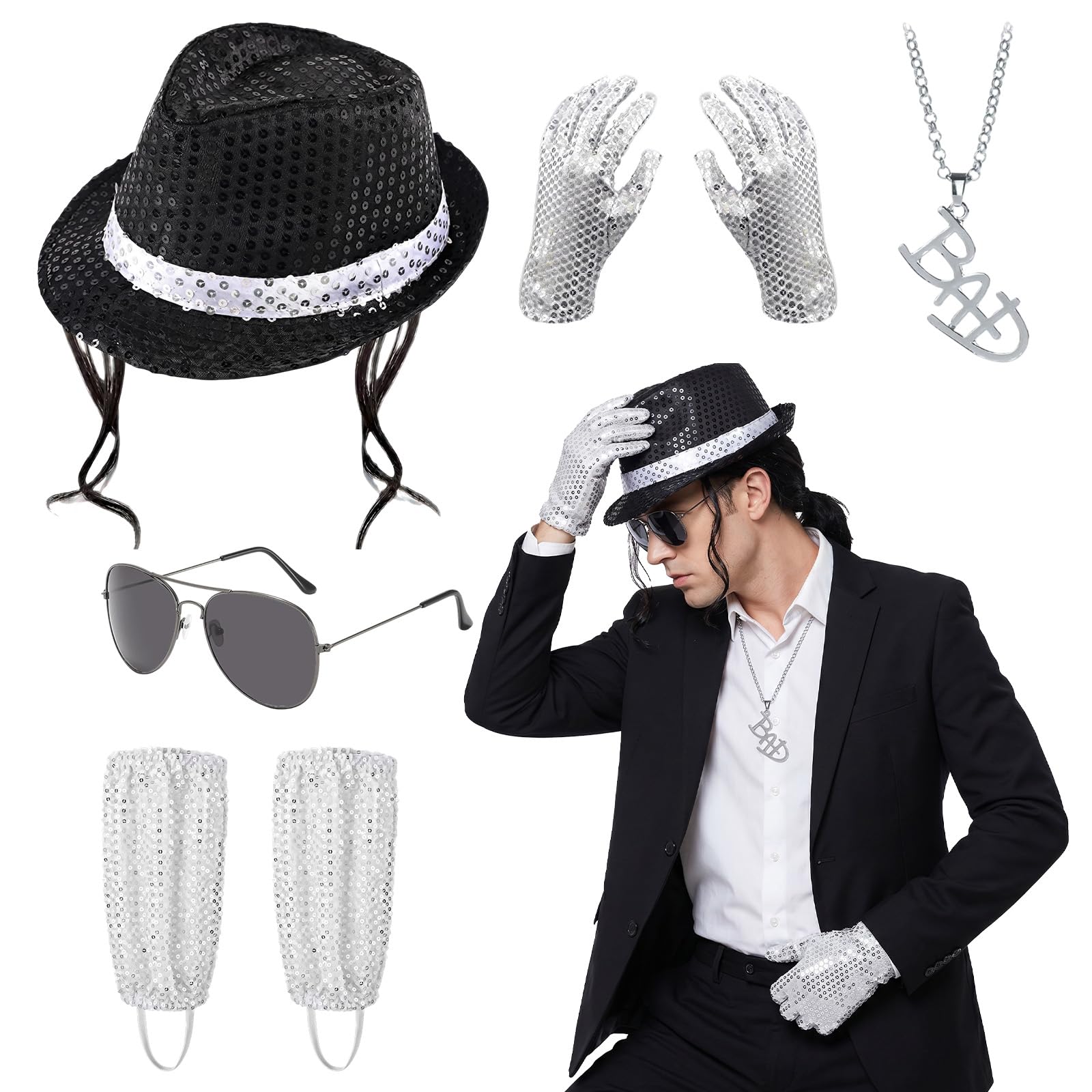 5Pcs Costume Accessories 80s Rocker Star Dancer Cosplay Set with Jazz Sequin Hat with Both Side Wig Gloves Glasses Socks Necklace, Role Play Costume Accessories Set for 80s 90s Cosplay Party Halloween