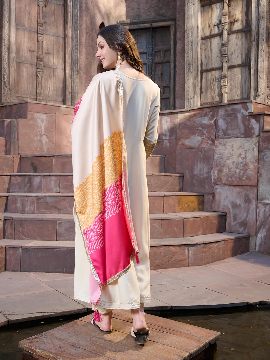 Stylum Women's Solid & Embroidered Rayon Anarkali Kurta Pant Dupatta Set (Kpdcreamutsa36_Cream, S)